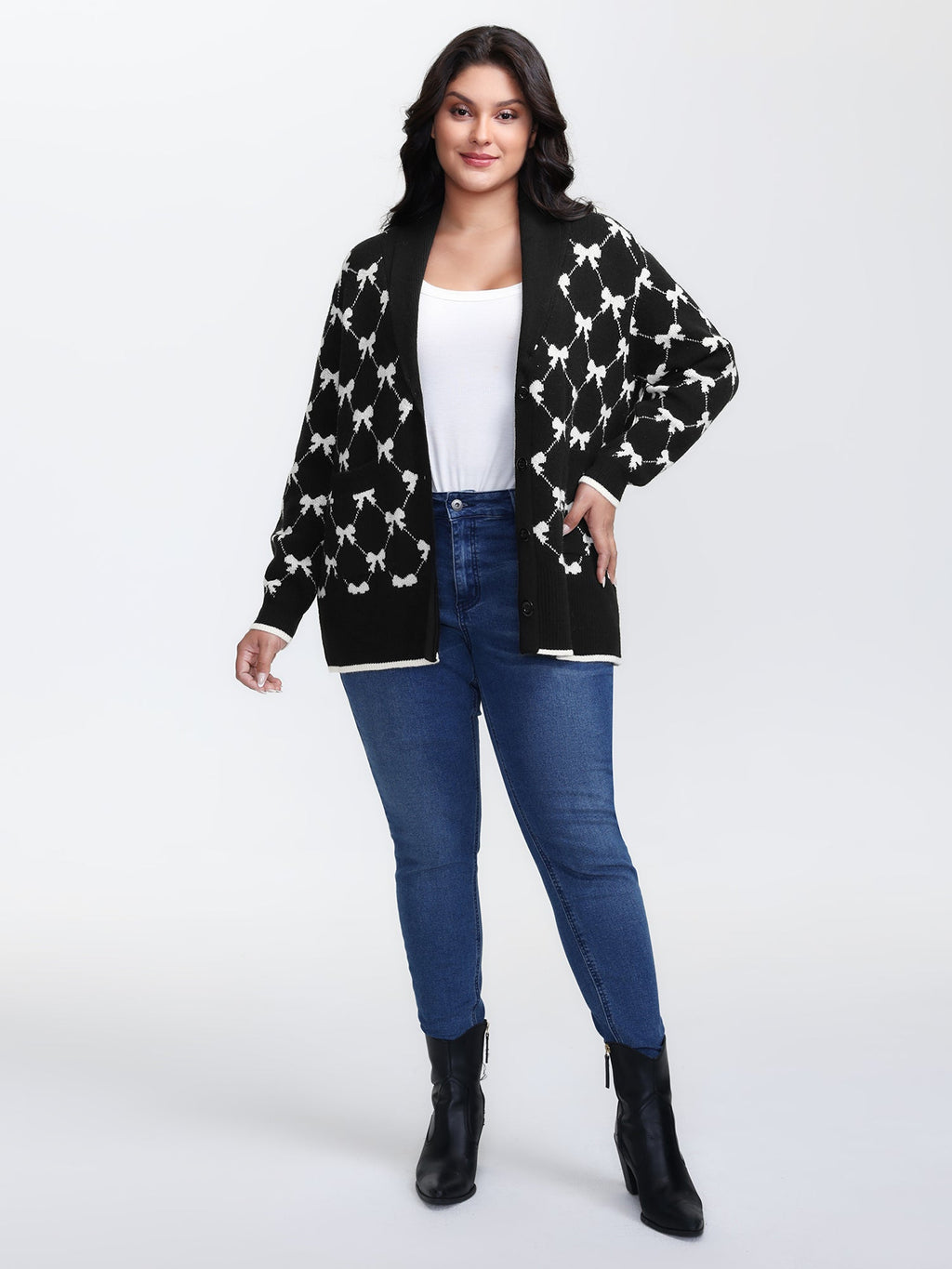 Bowknot Jacquard Button Knit Cardigan