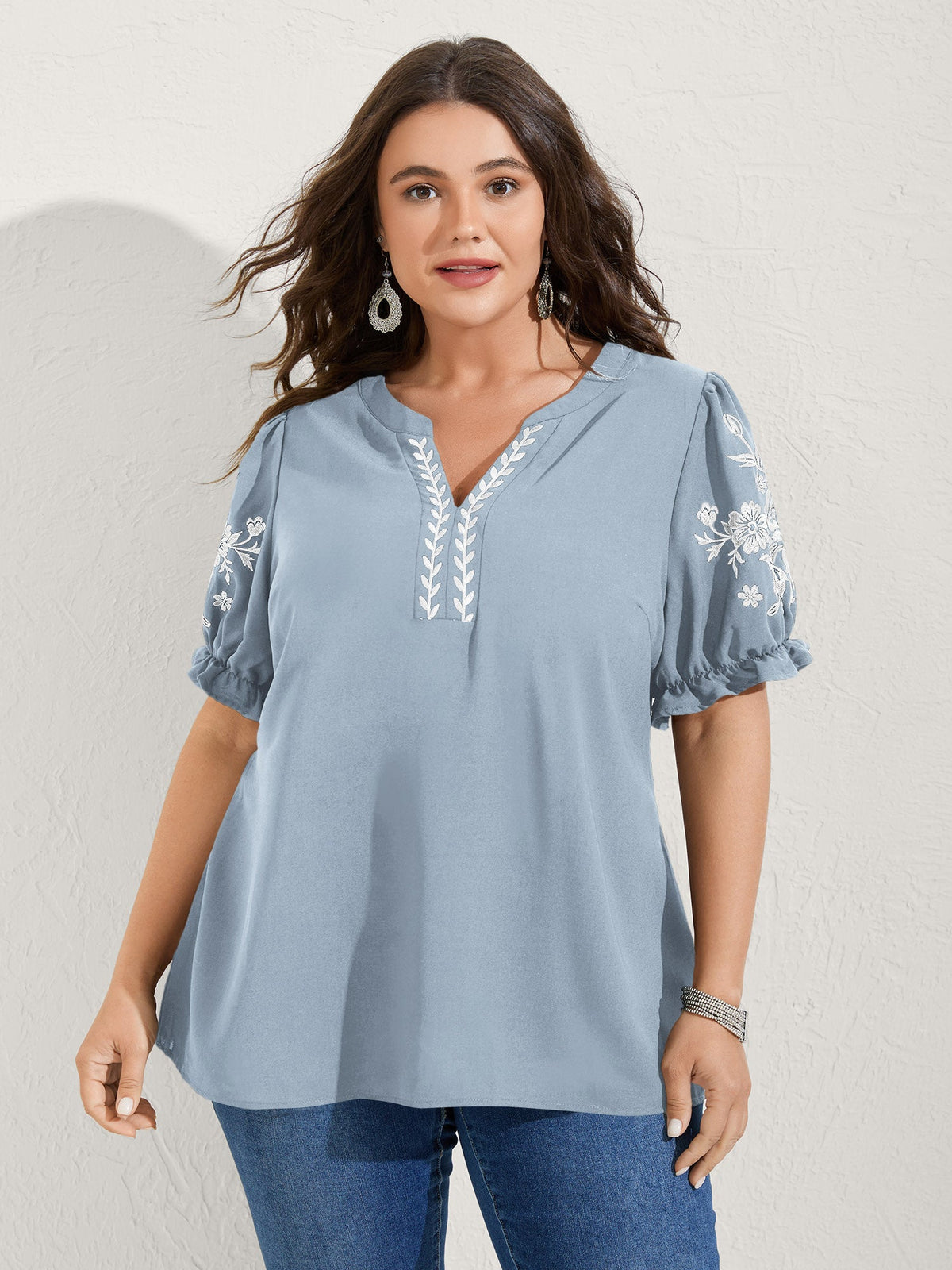 Notched Collar Embroidered Ruffled Blouse