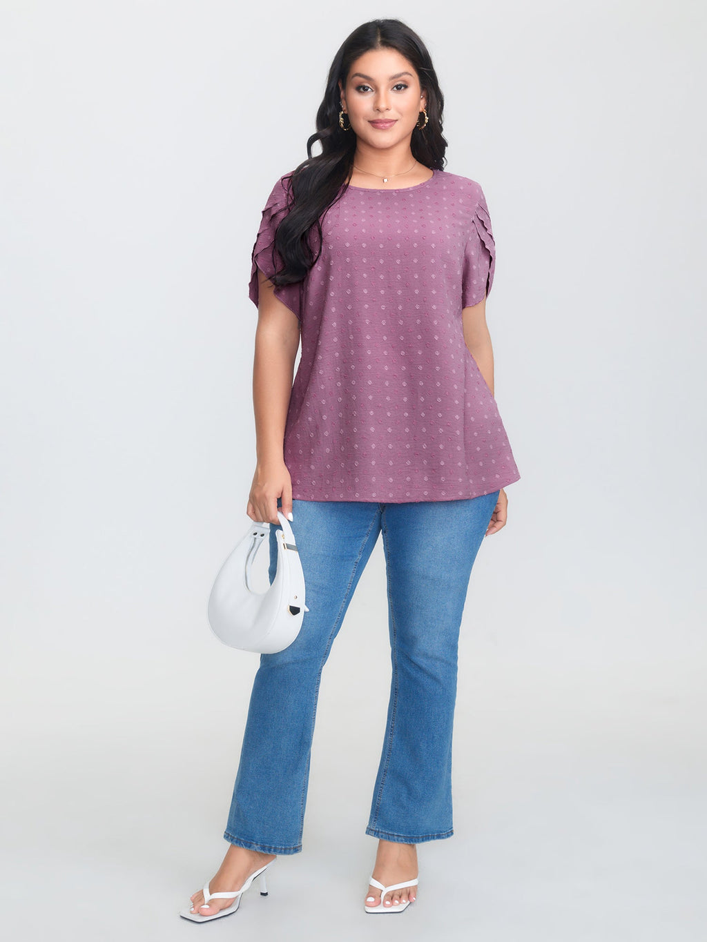 Textured Color Contrast Petal Sleeve Blouse