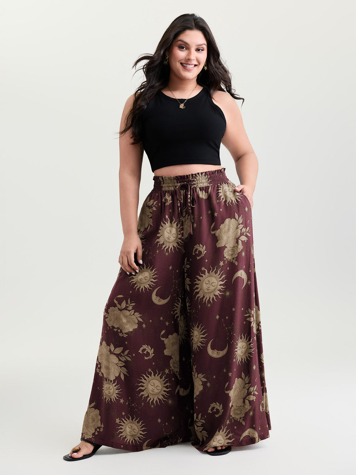Star Moon Print Wide Waistband Pants