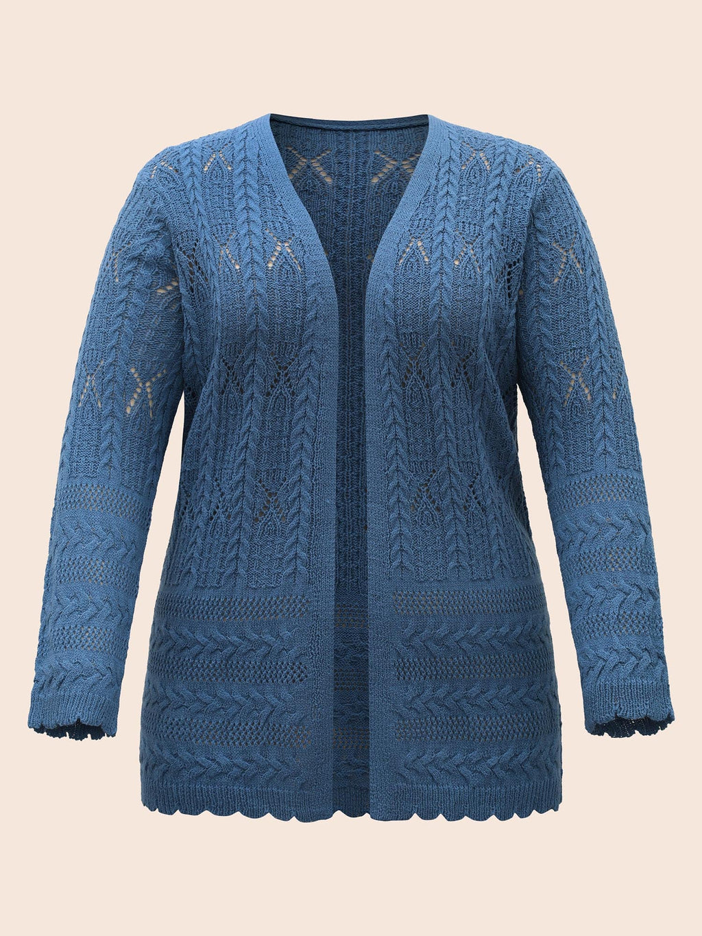 Solid Scalloped Trim Cable Knit Cardigan