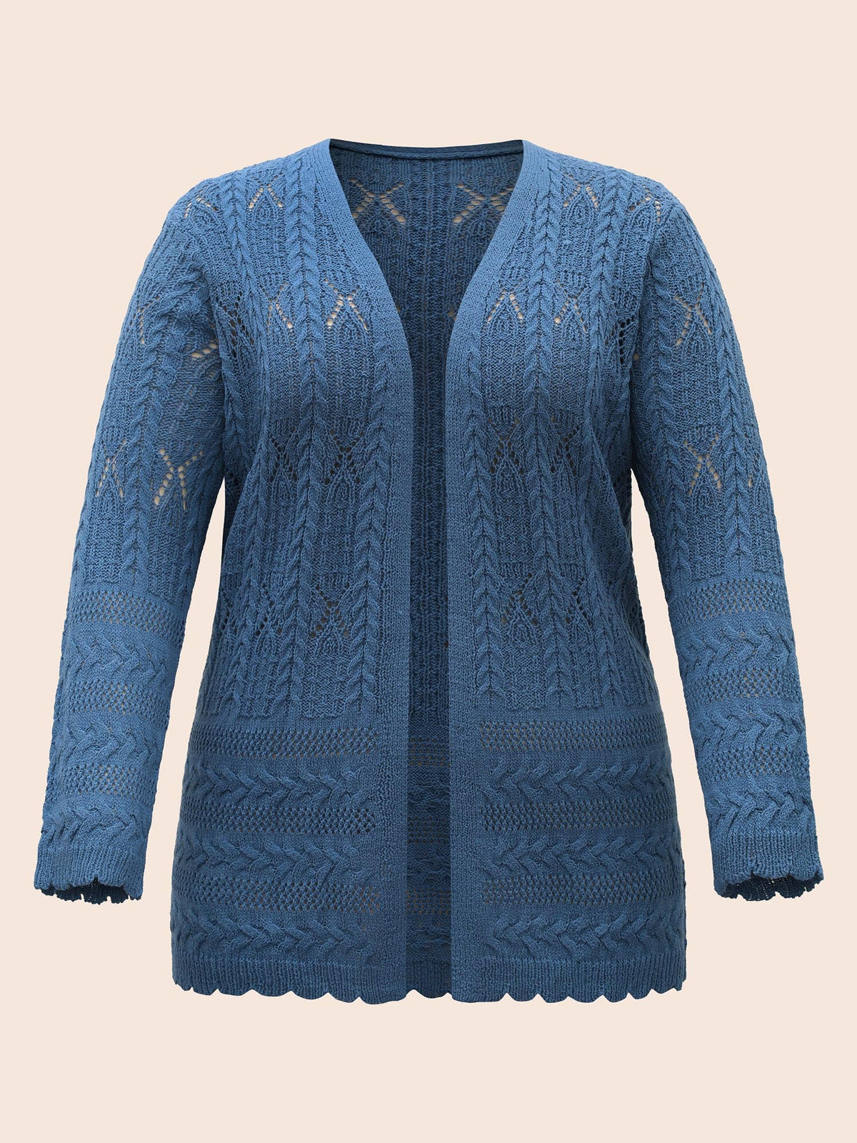 Solid Scalloped Trim Cable Knit Cardigan