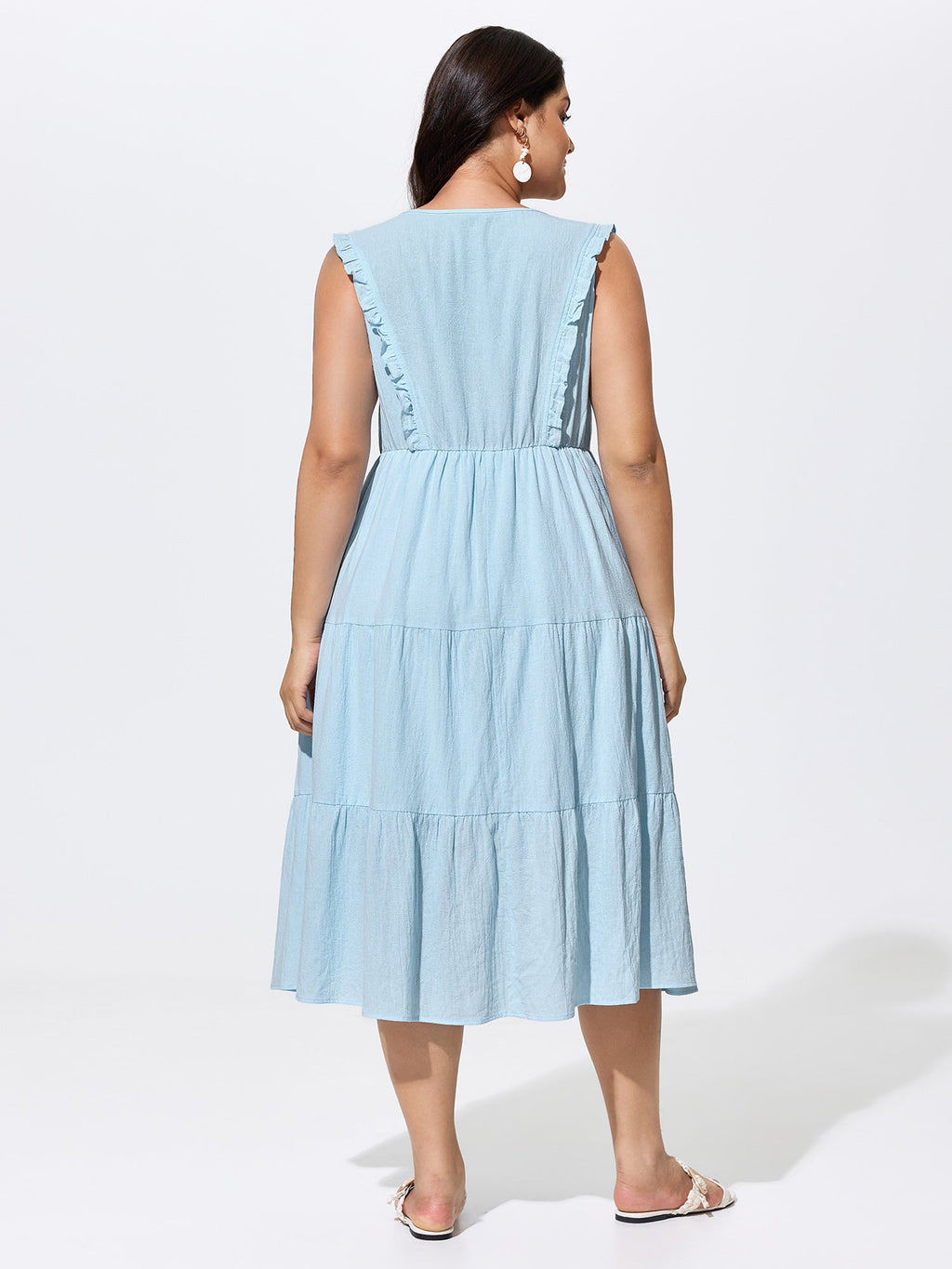 Cotton Ruffled Edge V-Neck Sleeveless Midi Dress