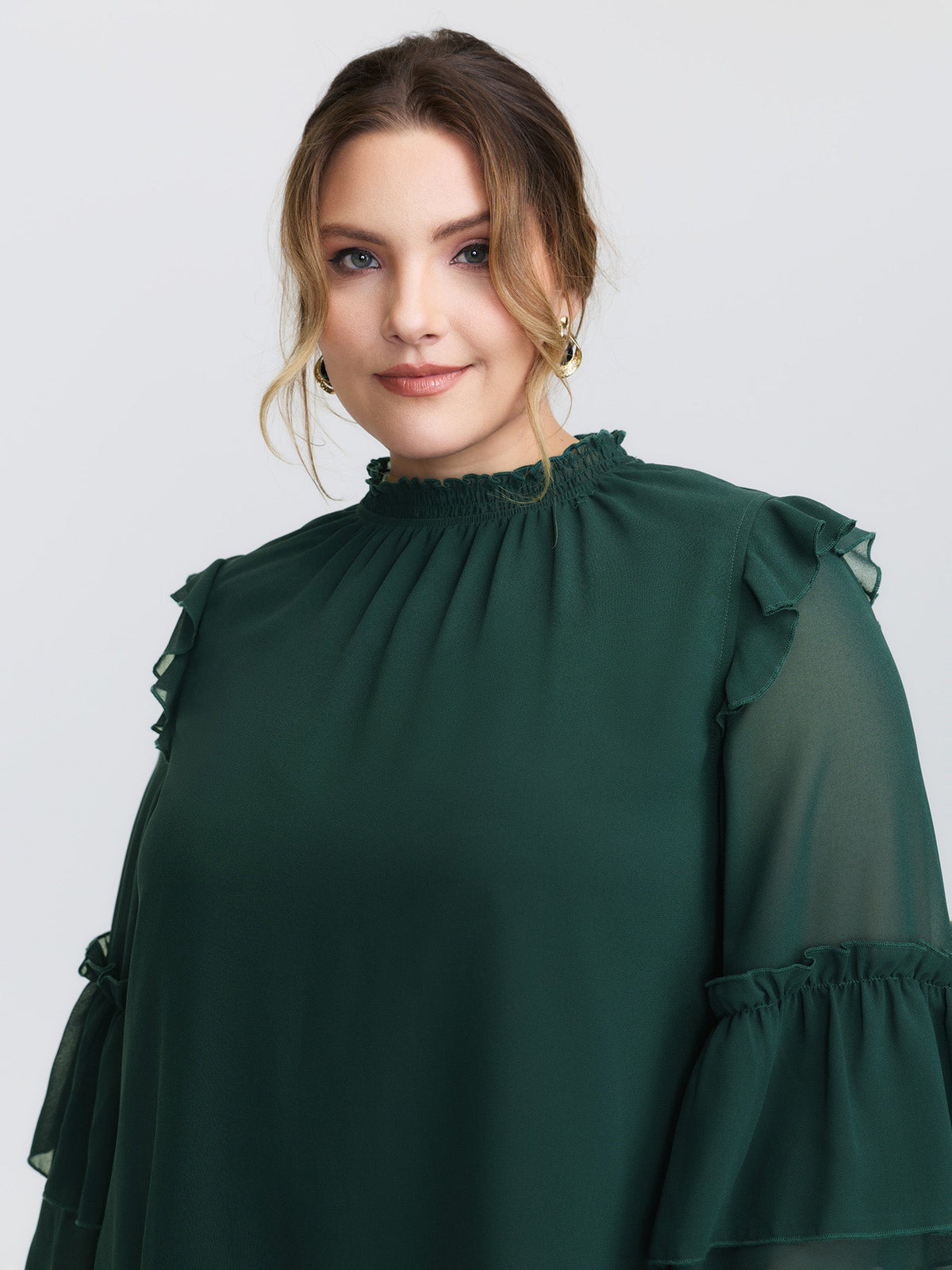 Shirred Layered Ruffled Sheer Sleeve Blouse