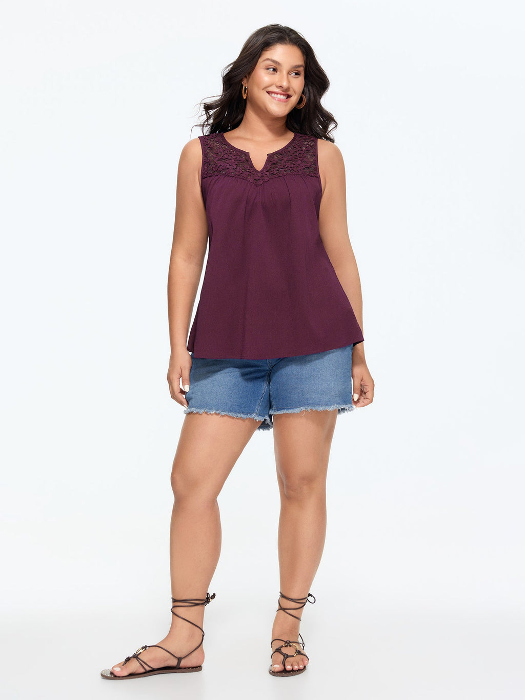 Cut-Out Lace Neckline Pleated Tank Top