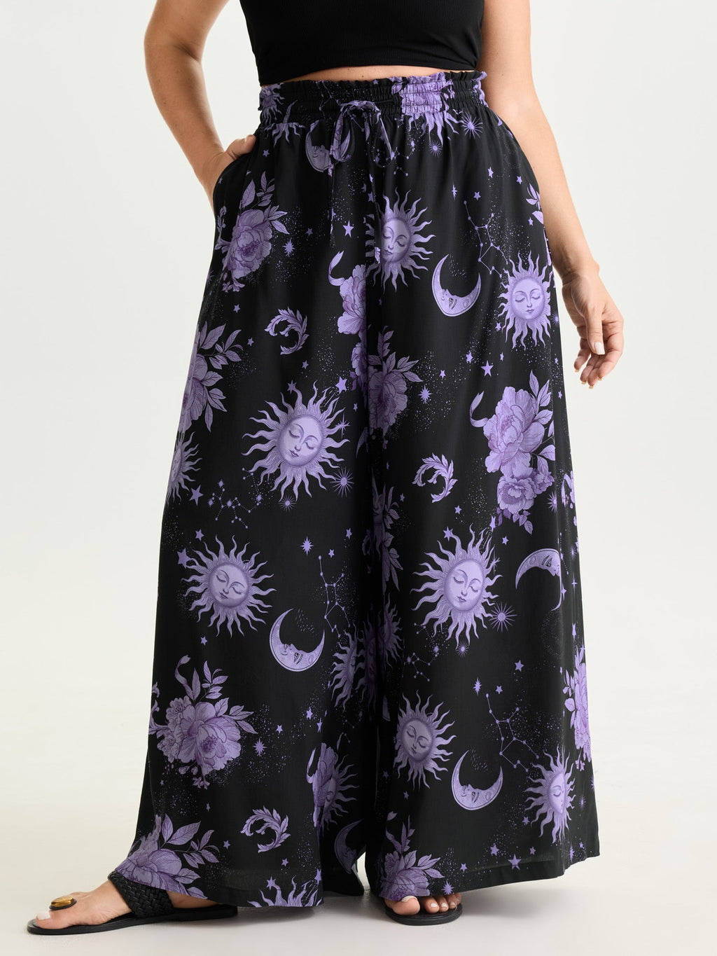 Star Moon Print Wide Waistband Pants