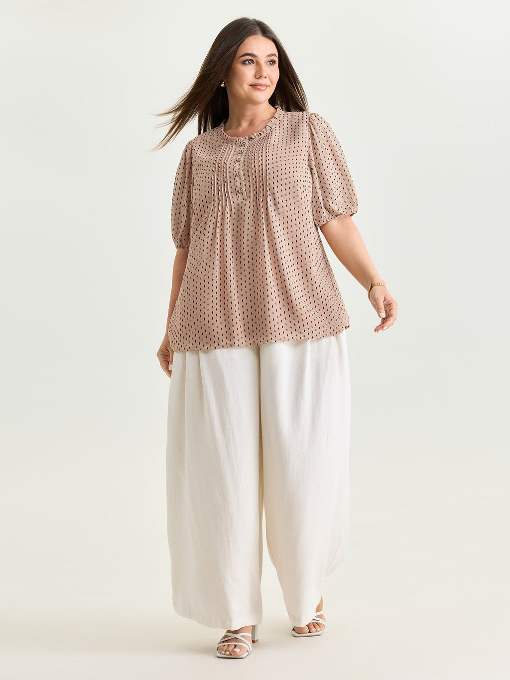 Geometric Print Pleated Ruffled Neck Blouse