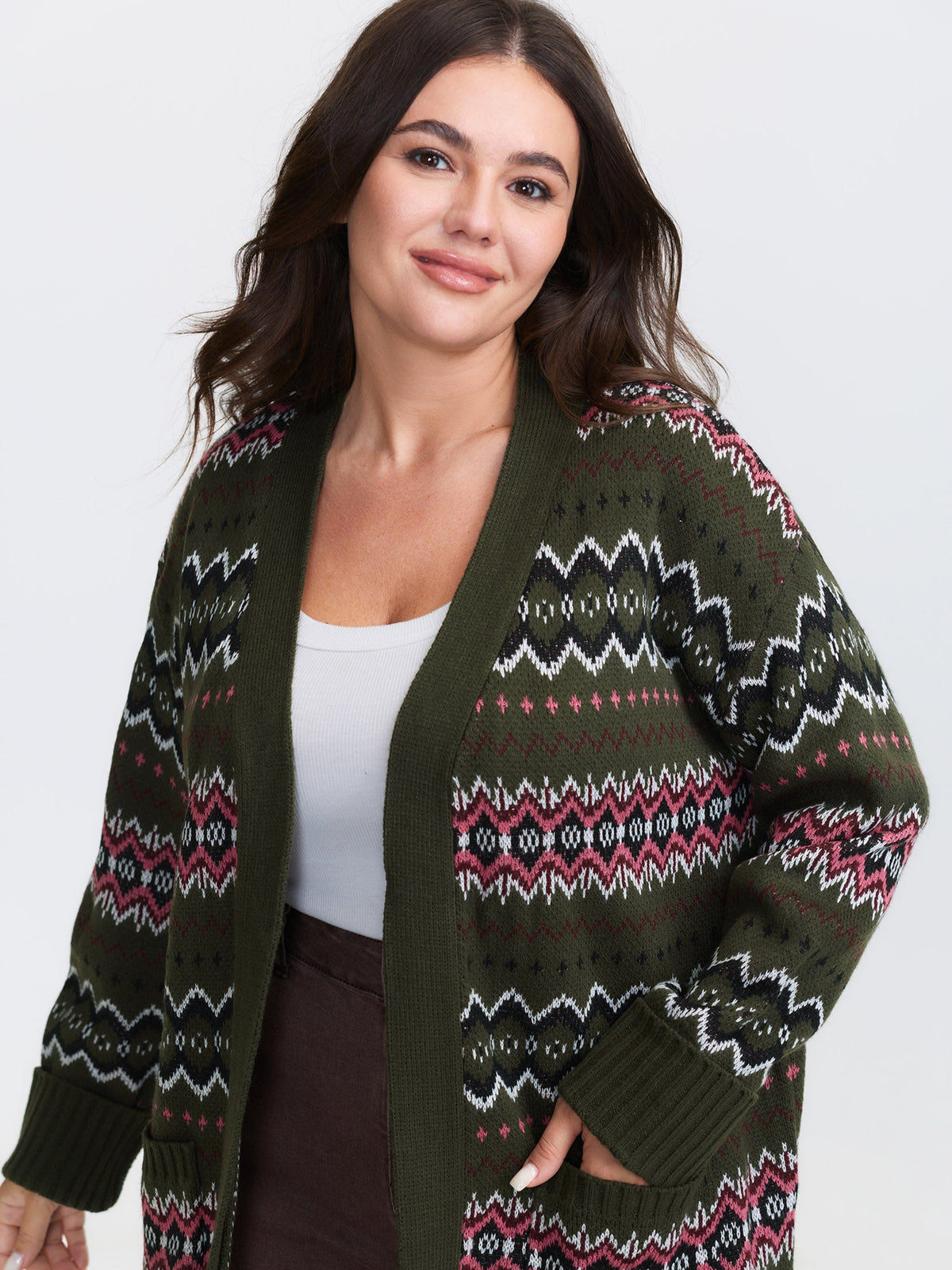 Geometric Pattern Pockets Open-Front Cardigan