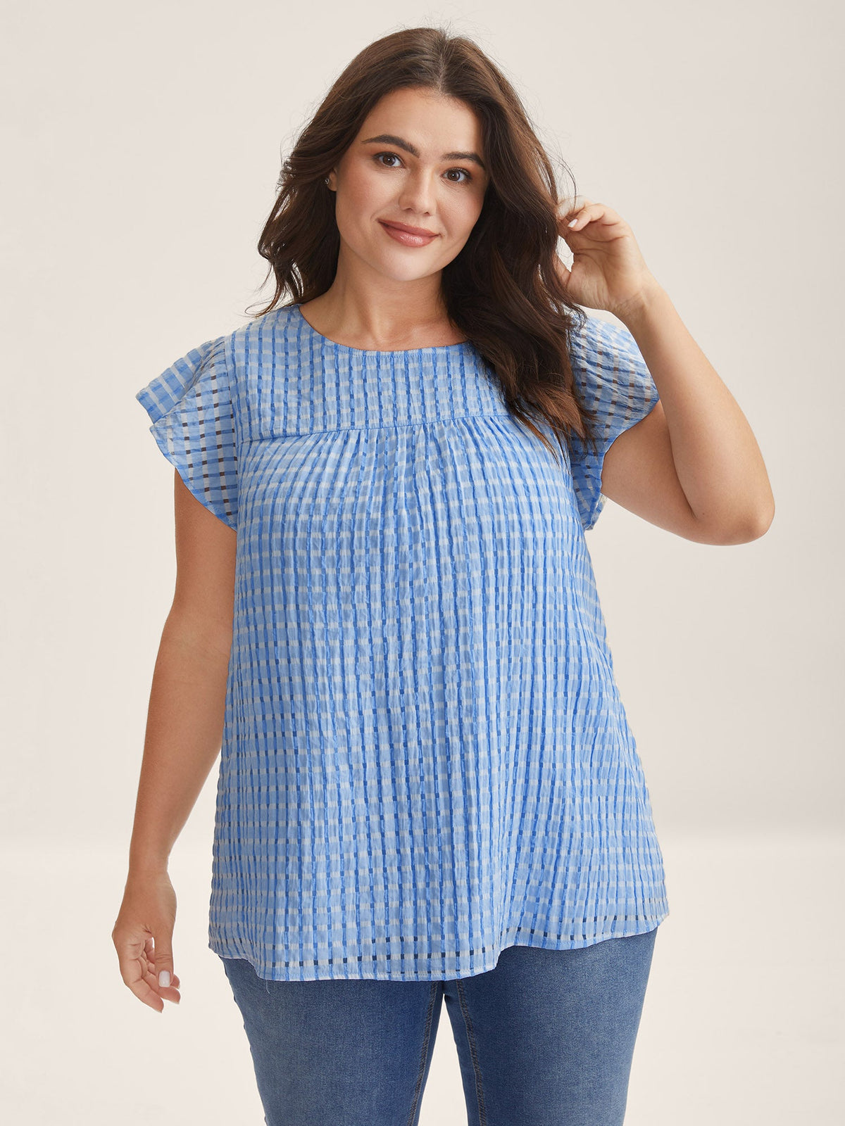 Textured Sheer Lined Flutter Sleeve Blouse