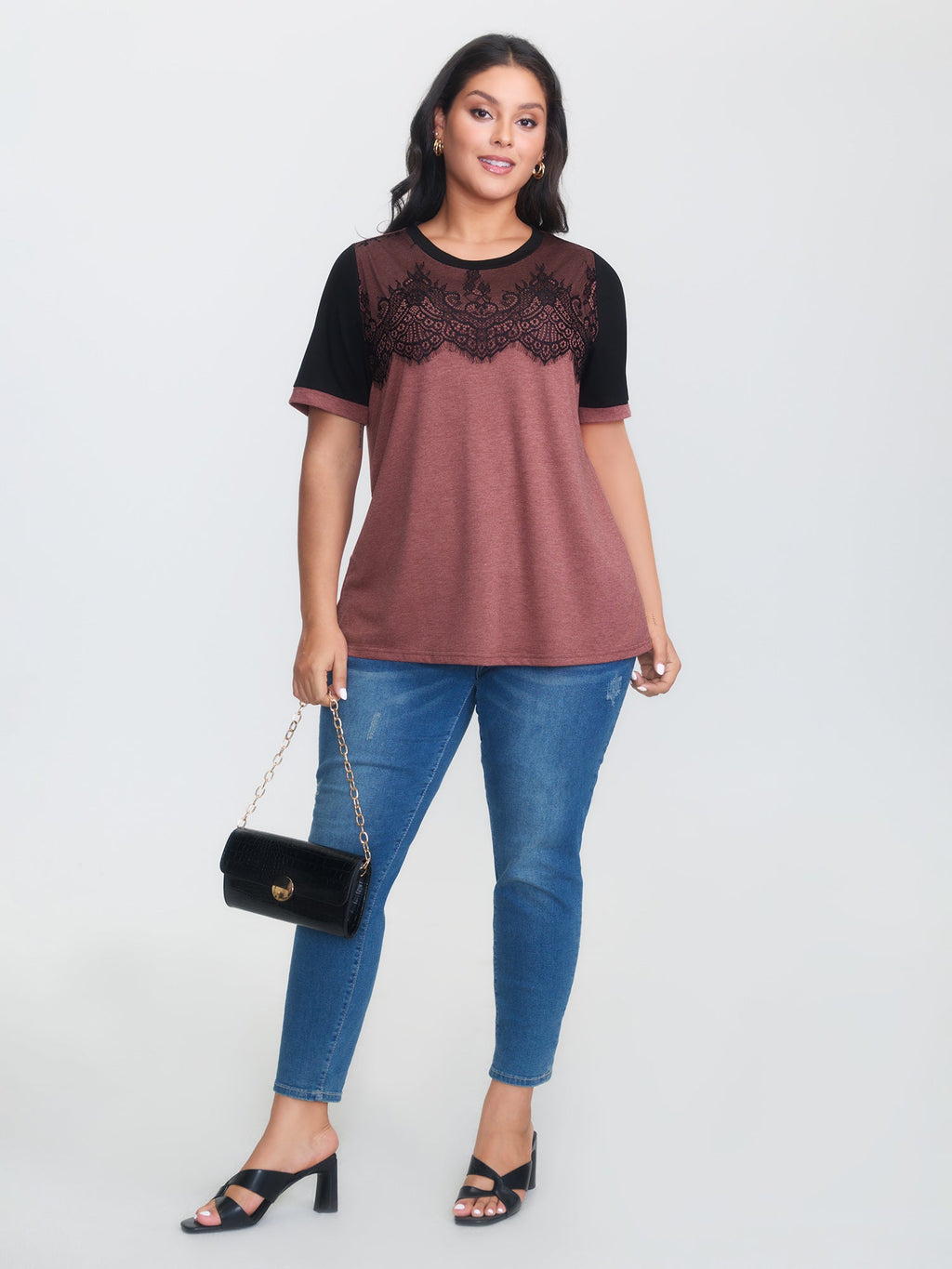 Stretchy Scalloped Lace Color Contrast T-Shirt