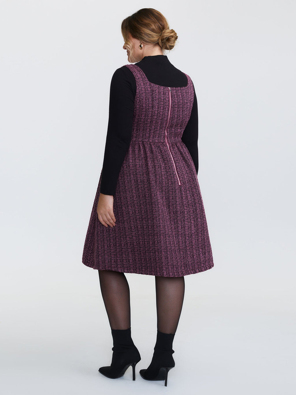 Tweed Pleated Waist Zipper Mini Dress