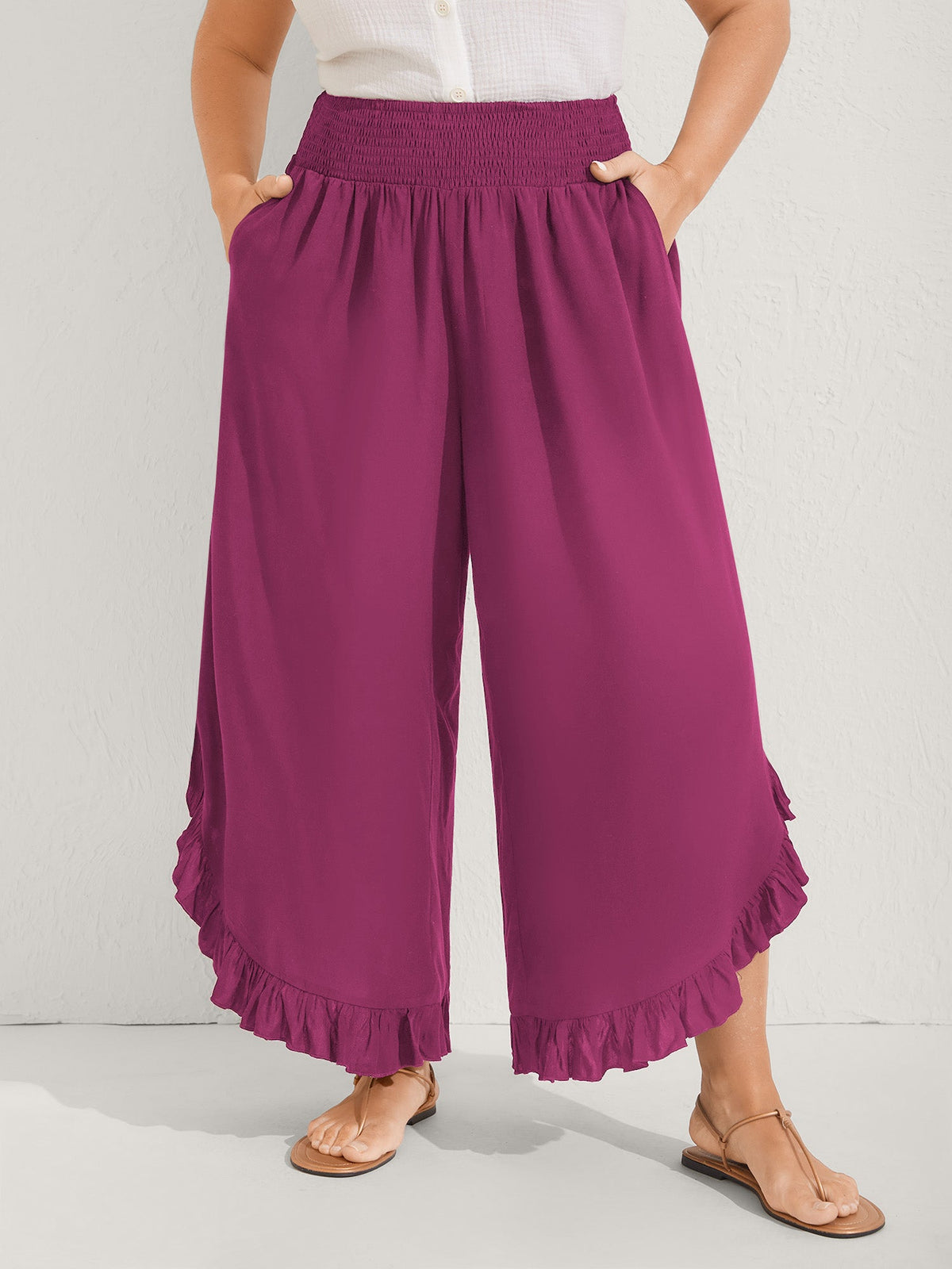Ruffled Curvy Hem Wide-Leg Pants