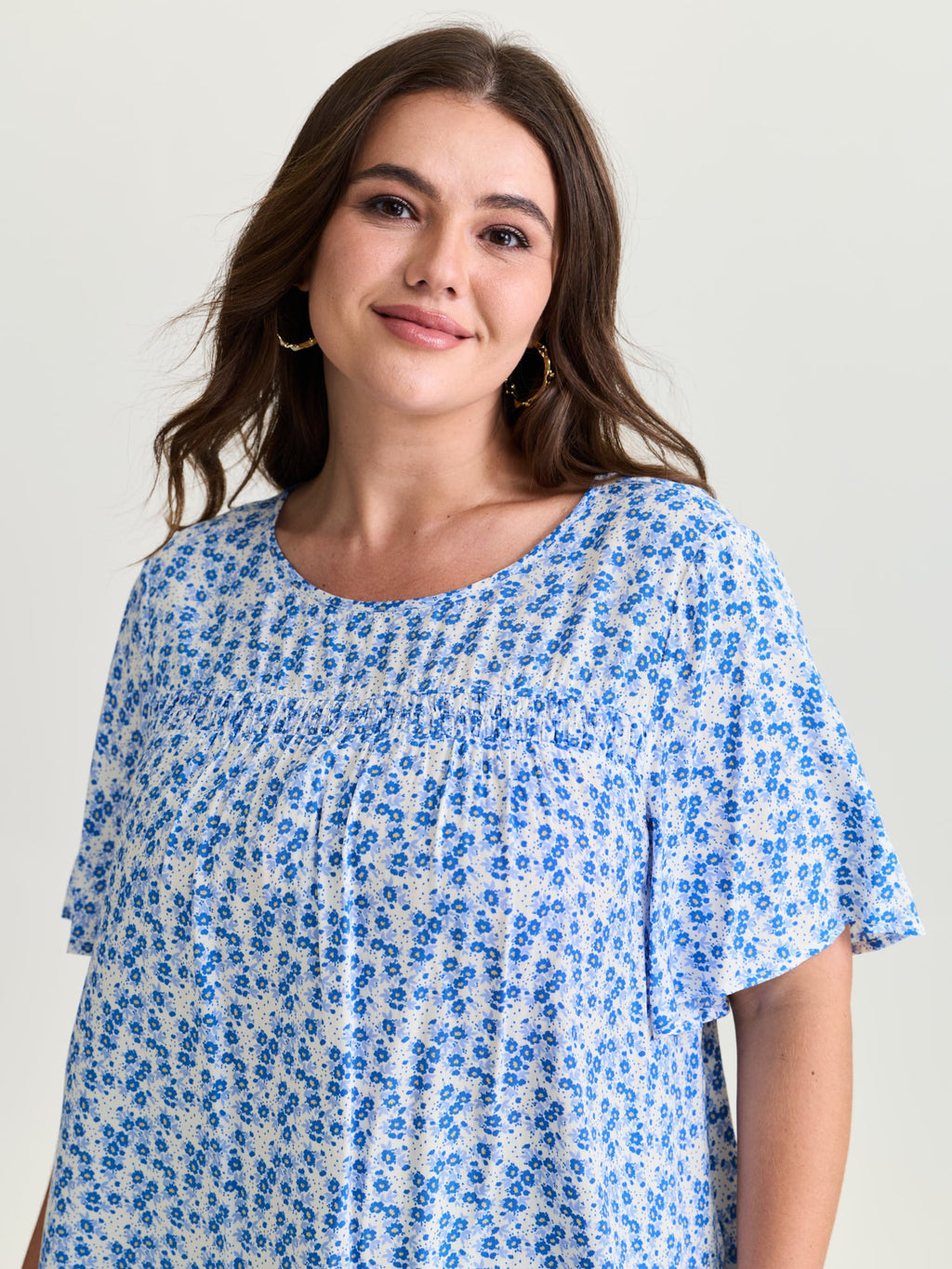 Floral Ruffle Sleeve Gathered Round Neck Blouse