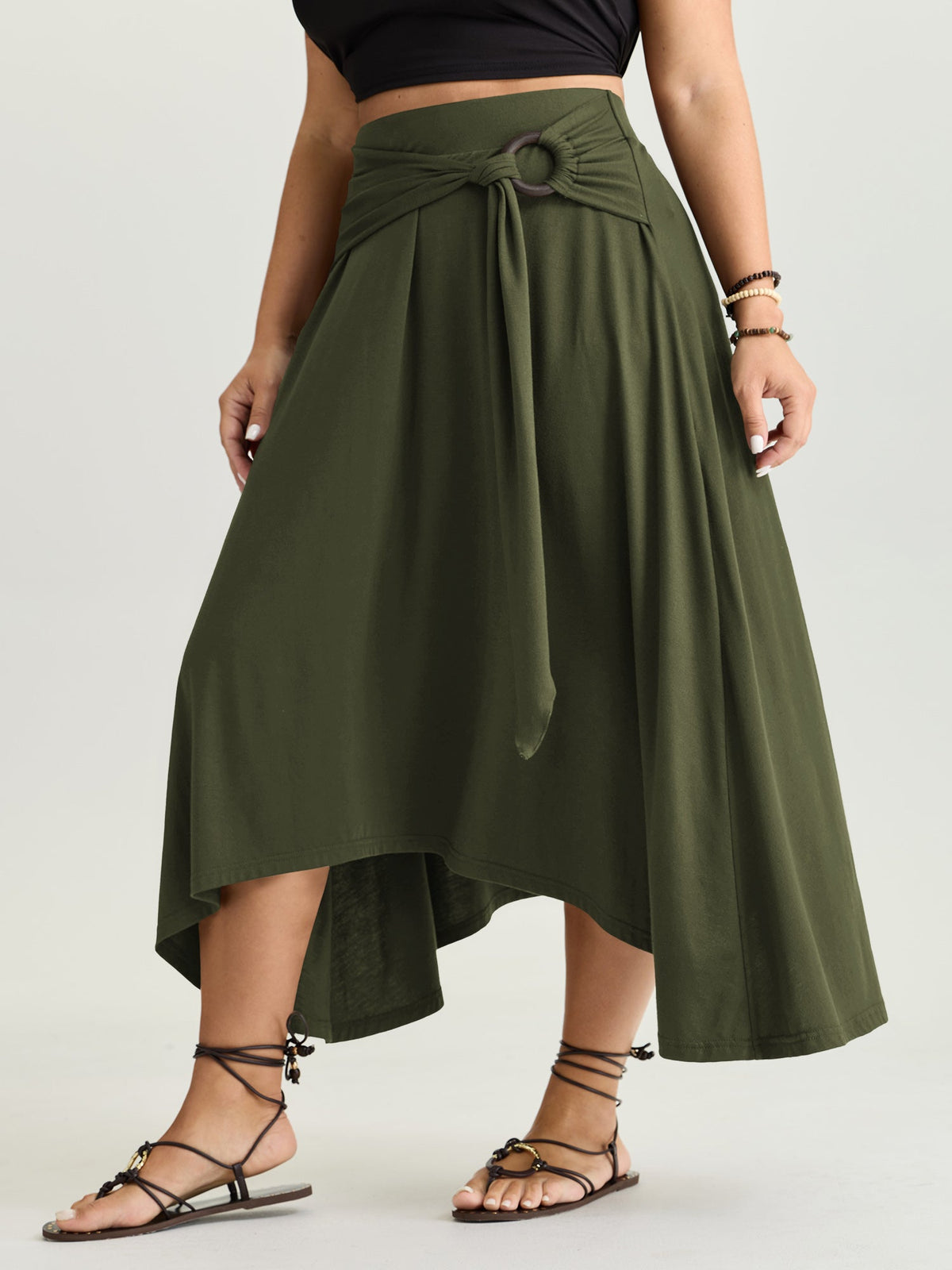 Supersoft Ring Detail Tie Asymmetrical Hem Midi Skirt