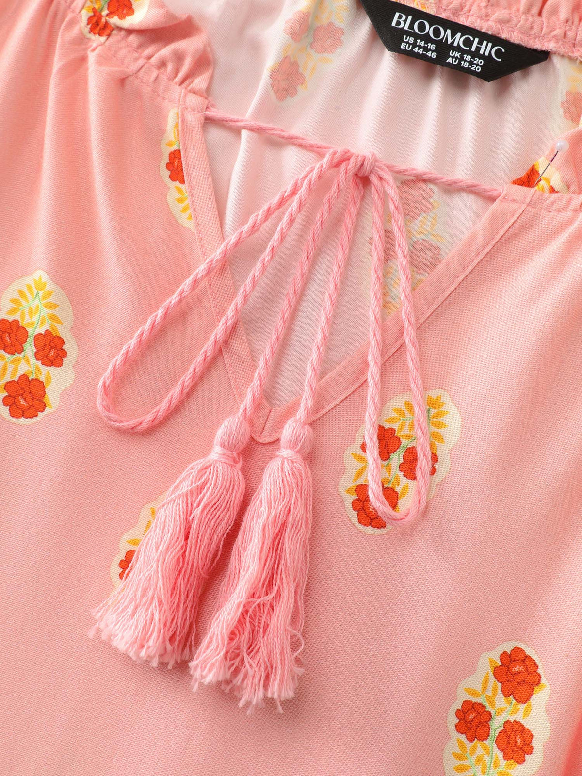 Floral Print Drawstring Neckline Flowy Blouse
