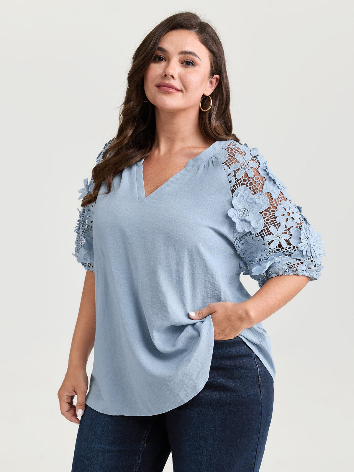 3D Floral Sleeve Spliced Flowy Blouse