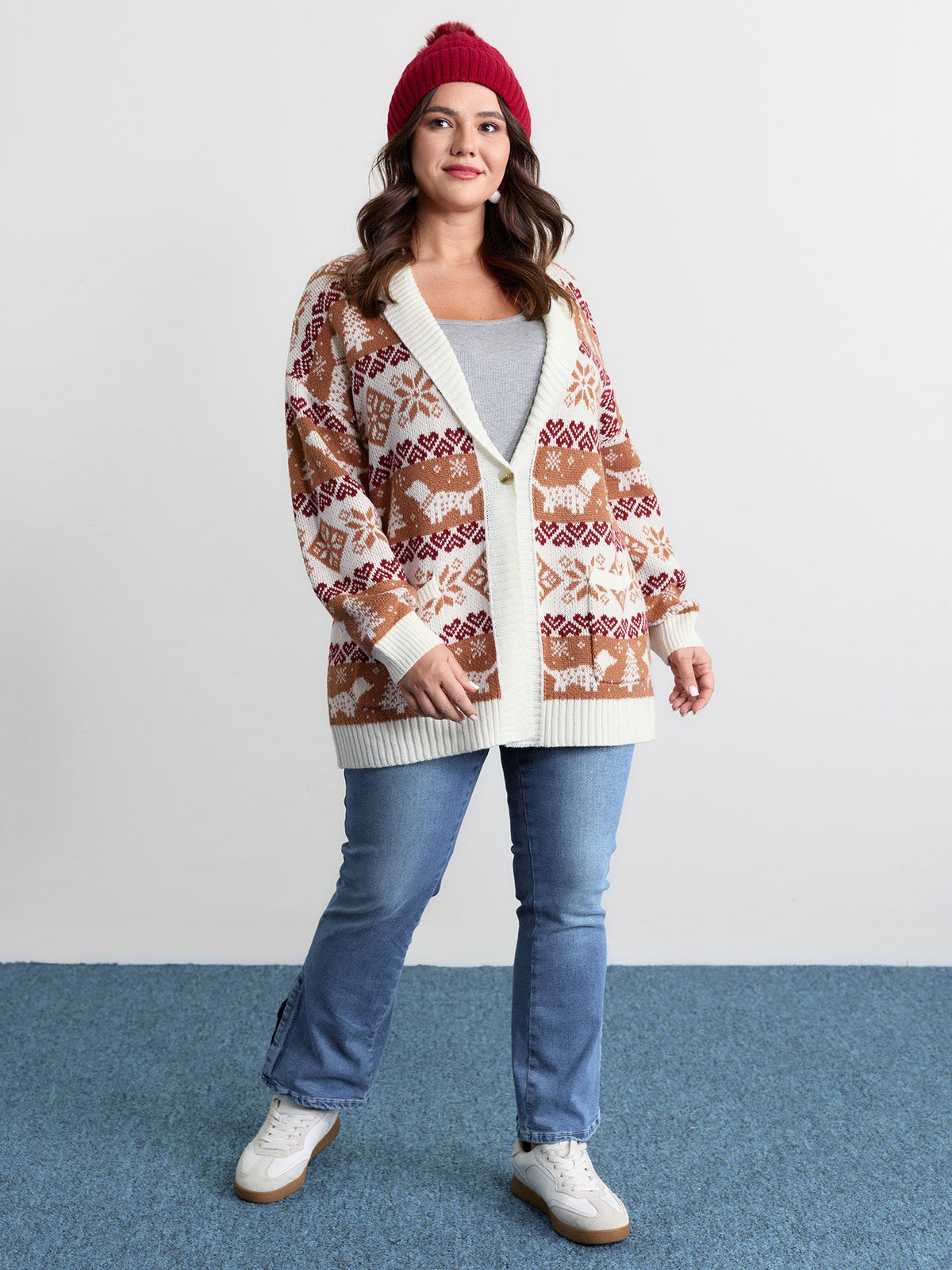 Holiday Pattern Jacquard Shawl Collar Cardigan