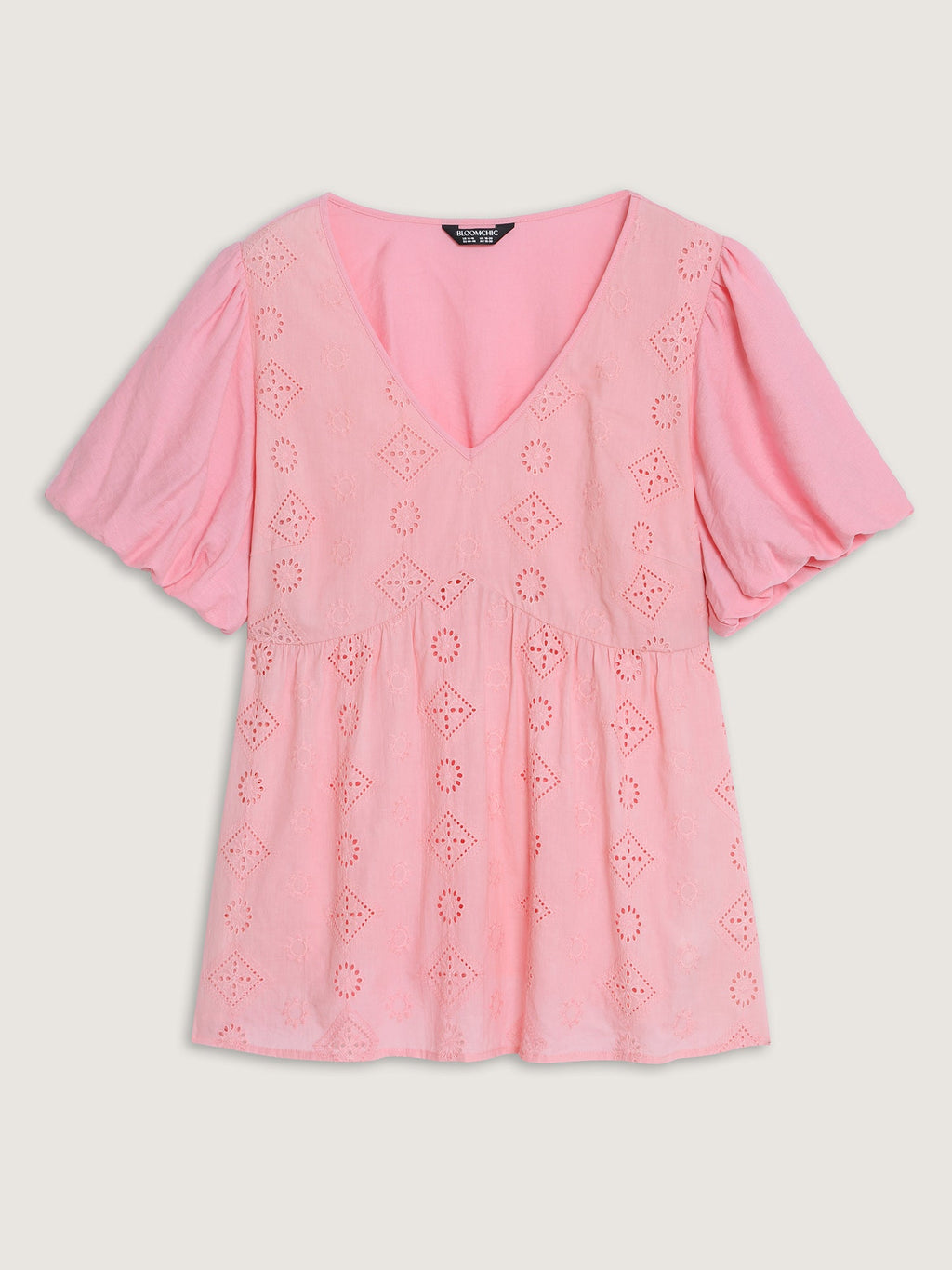 Cotton Eyelet Embroidered V-Neck Bubble Sleeve Blouse