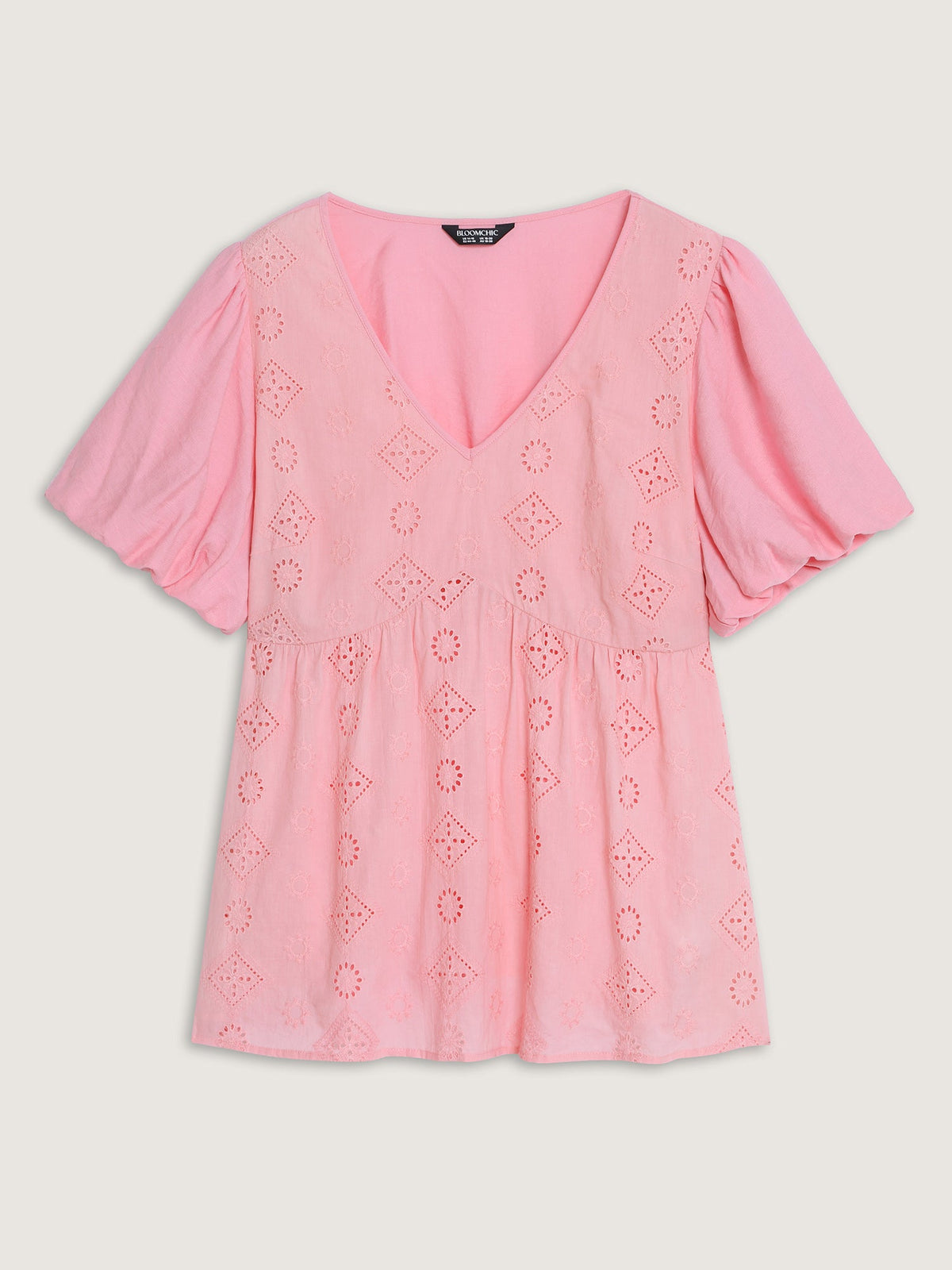 Cotton Eyelet Embroidered V-Neck Bubble Sleeve Blouse