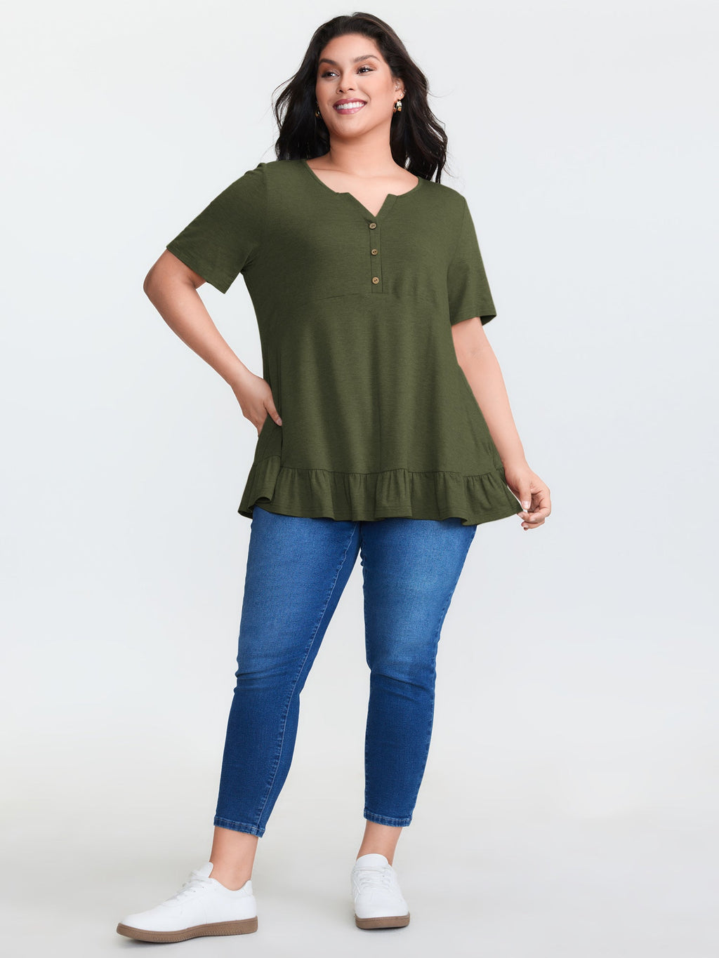 Supersoft Stretchy Ruffled Hemline Button T-Shirt