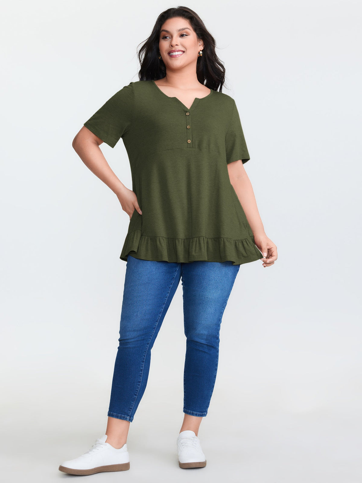 Supersoft Stretchy Ruffled Hemline Button T-Shirt