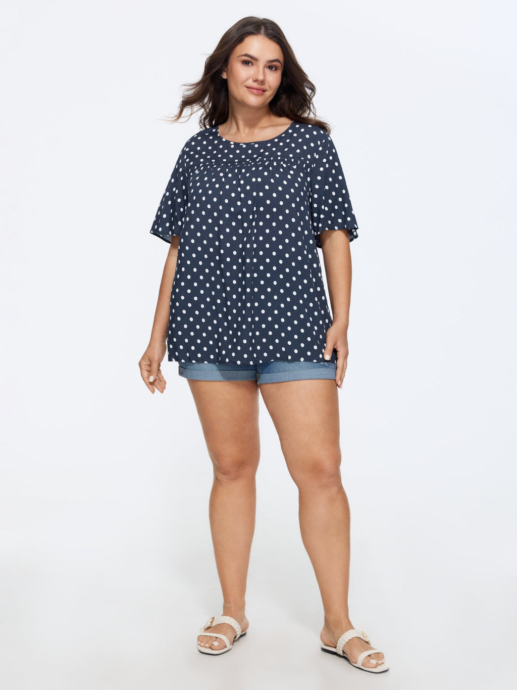 Floral Ruffle Sleeve Gathered Round Neck Blouse