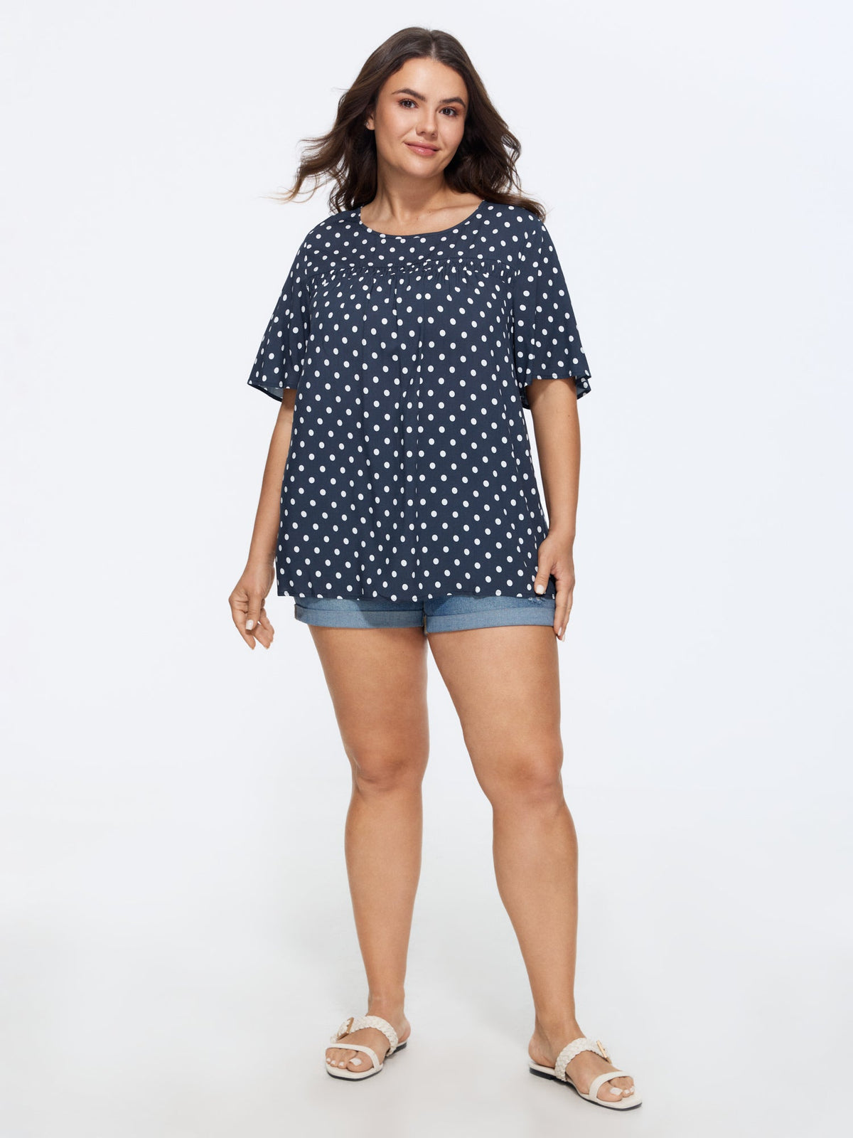 Floral Ruffle Sleeve Gathered Round Neck Blouse