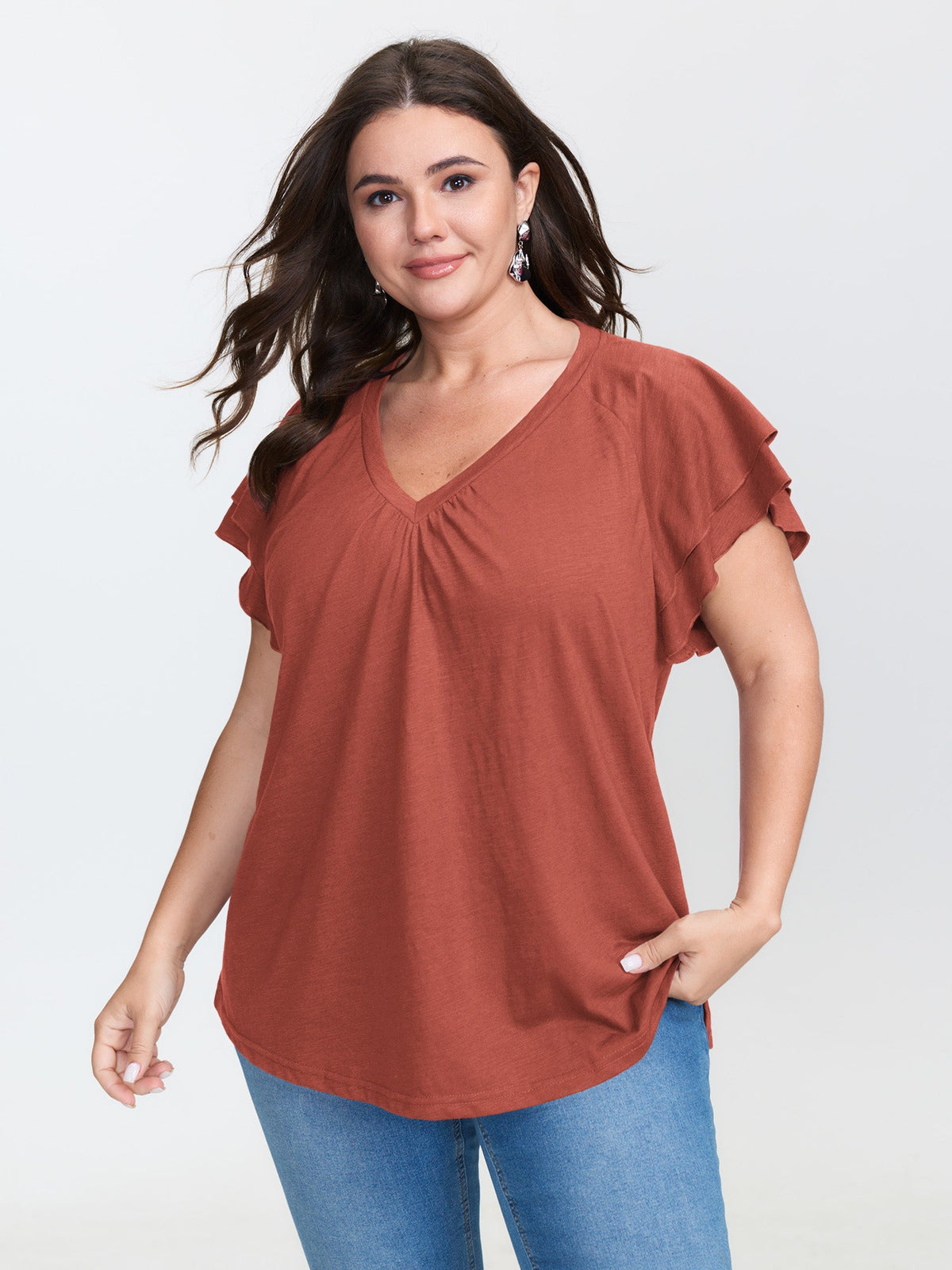 Stretchy Textured Flared Sleeve T-Shirt