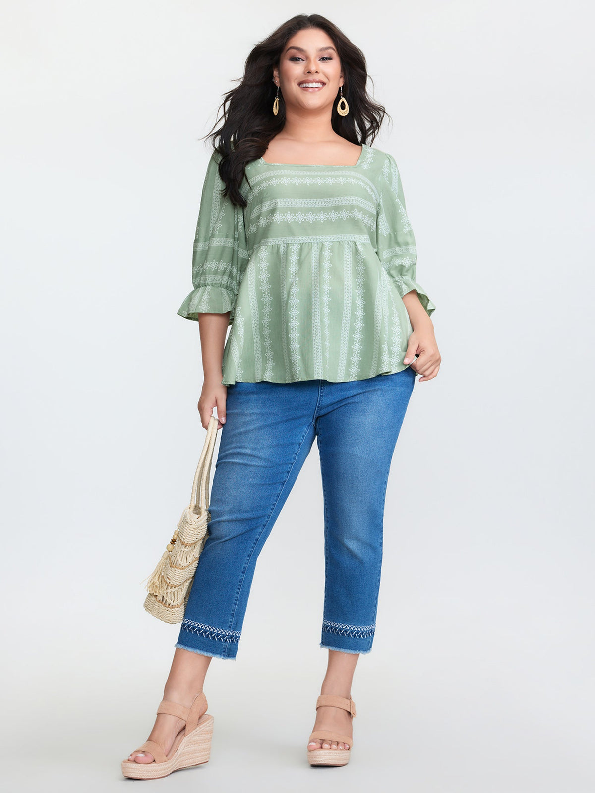 Boho Stripe Print Square Neck Blouse