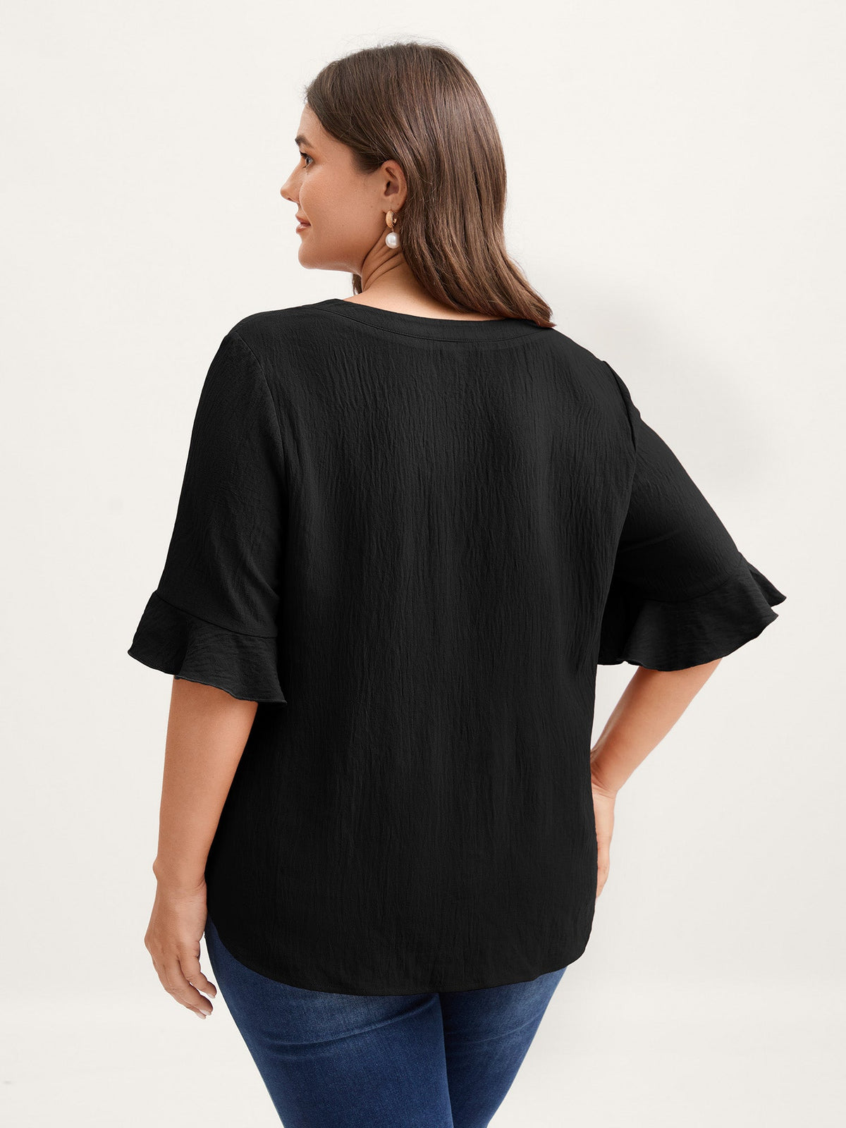 Toothpick Pleats Ruffled Sleeve Solid Blouse