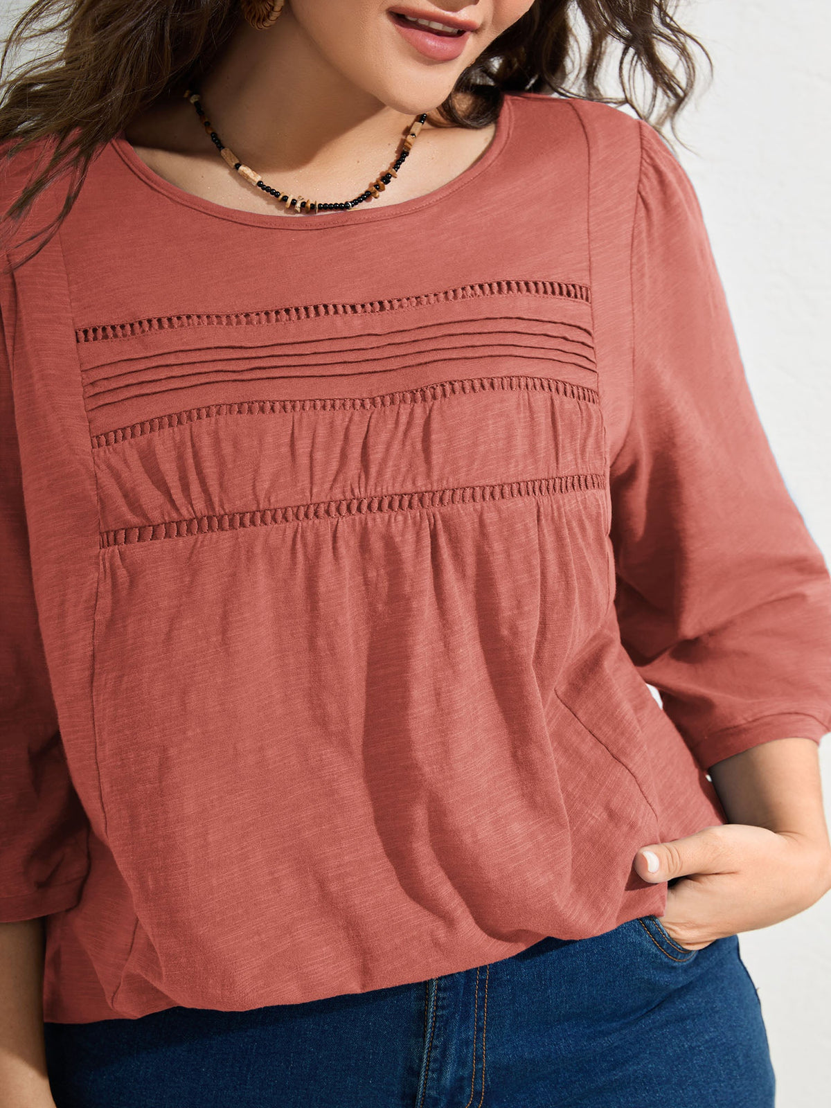 Cotton Lace Spliced Plain Knit Top