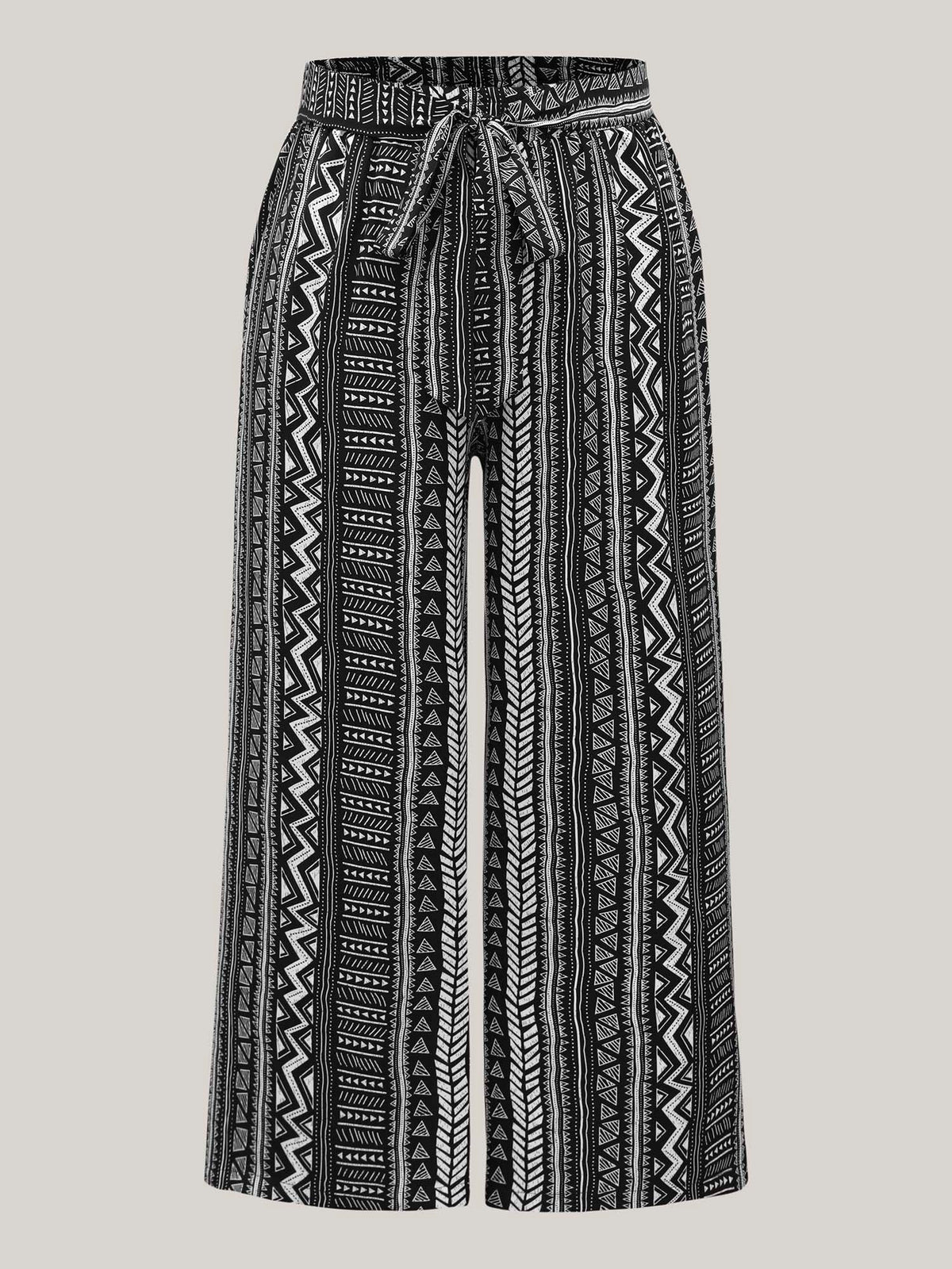 Waist-Tie Wide-Leg Boho Print Pants