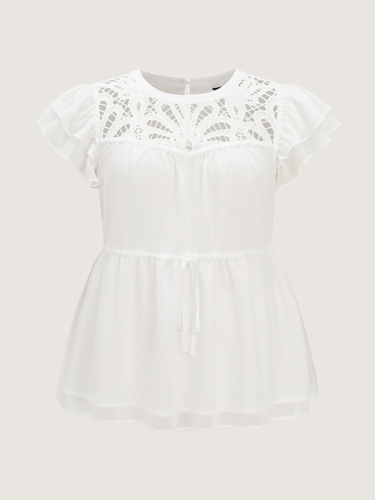 Cut Out Floral Neckline Plain Blouse
