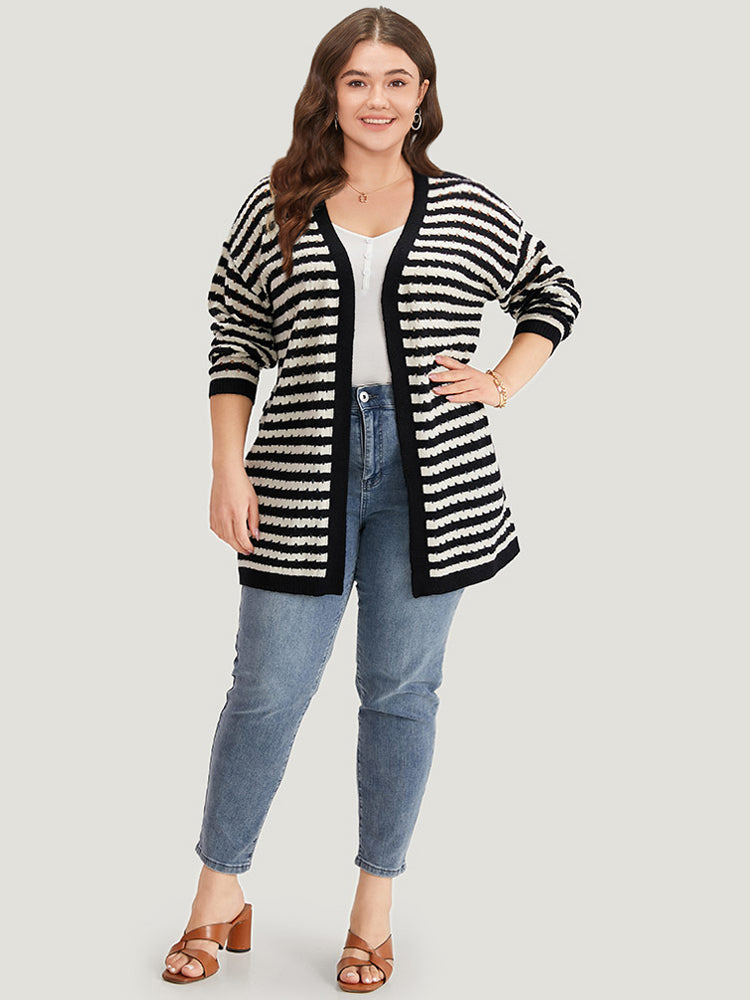 Striped Geo Eyelet Drop Shoulder Cardigan