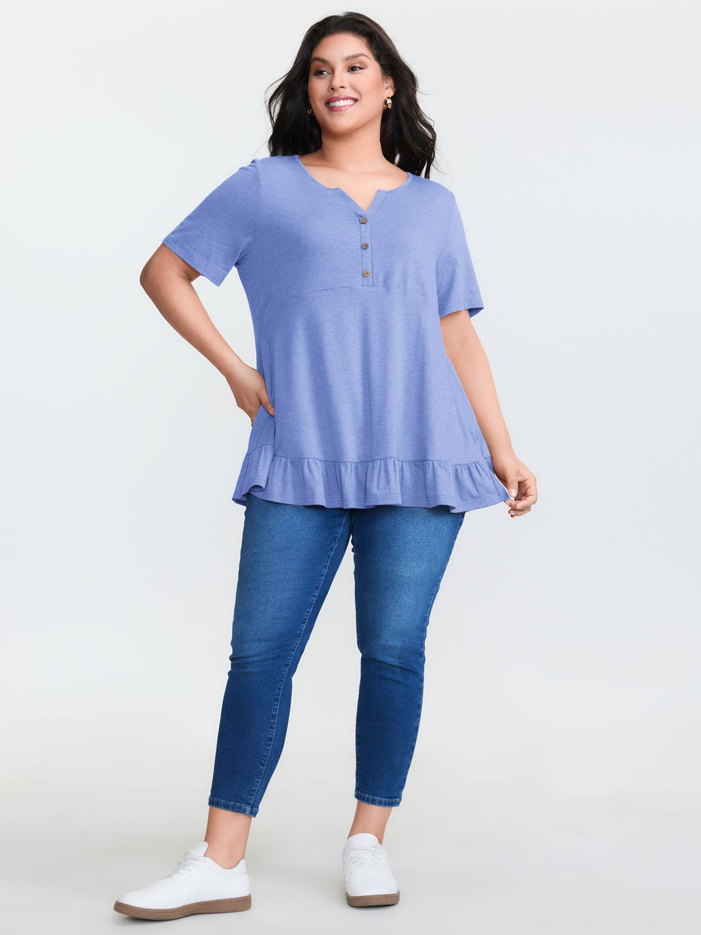 Supersoft Stretchy Ruffled Hemline Button T-Shirt