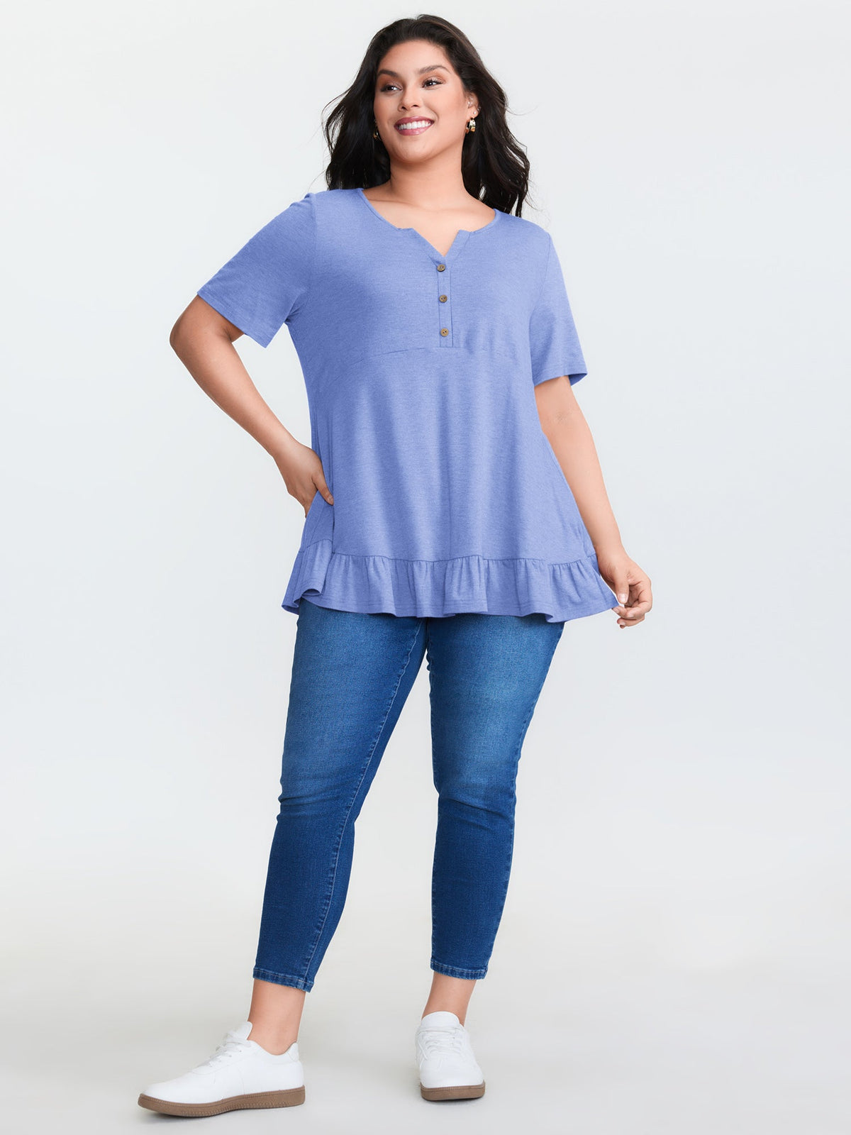 Supersoft Stretchy Ruffled Hemline Button T-Shirt
