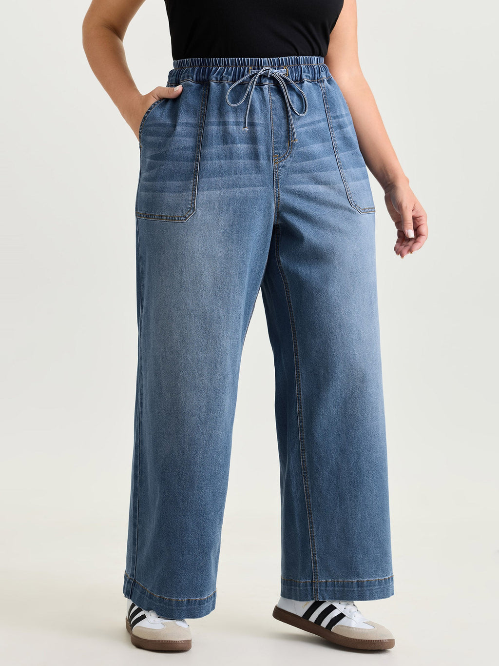 Elastic Waist Medium Wash Wide-Leg Jeans