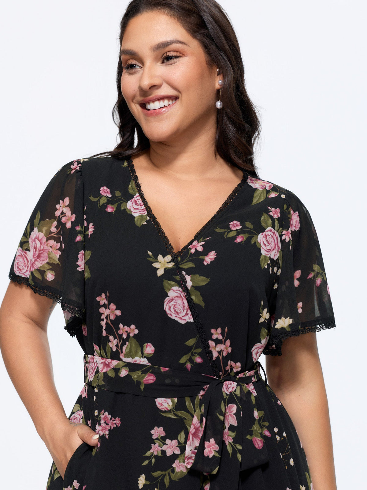 Soft Floral Print Lotus Leaf Hem Midi Dress
