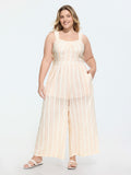 Sheer Striped Print Shirred Straps Jumpsuit