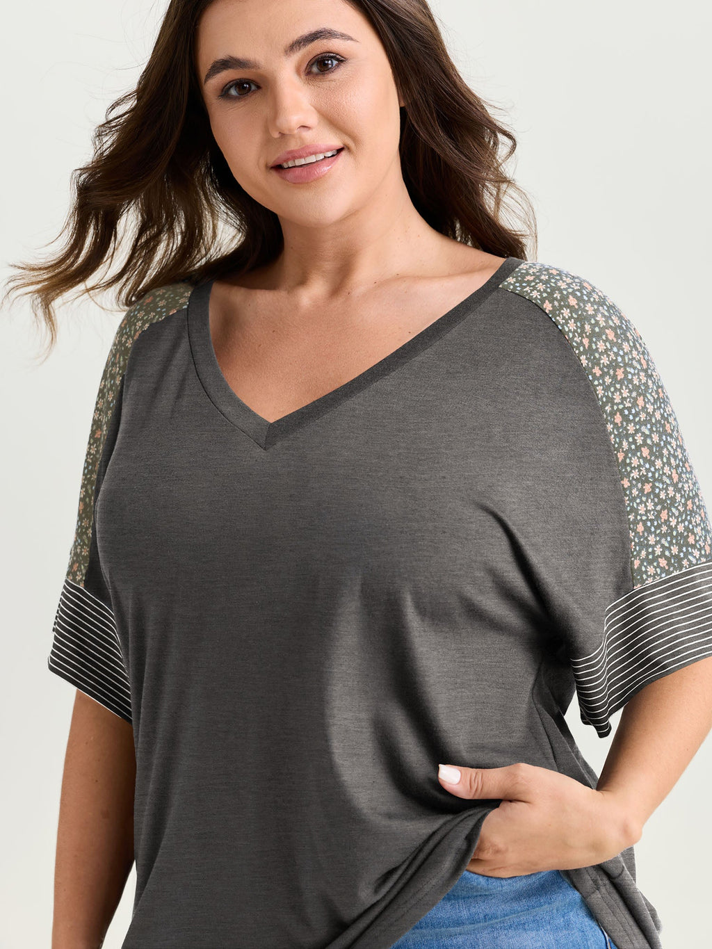Supersoft Color Contrast Sleeve V-Neck T-Shirt