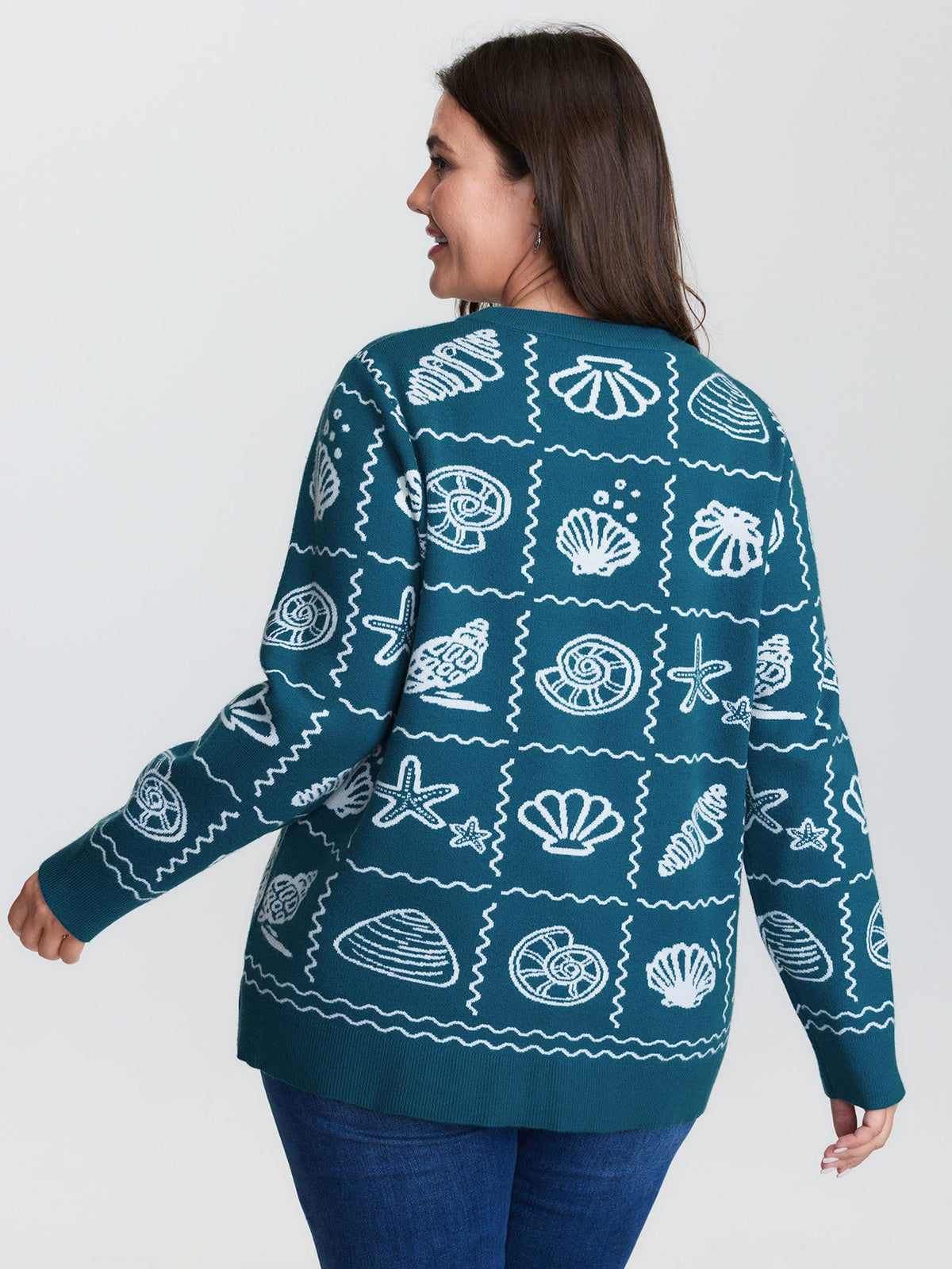 Ocean Pattern Jacquard Ribbed Hem Pullover