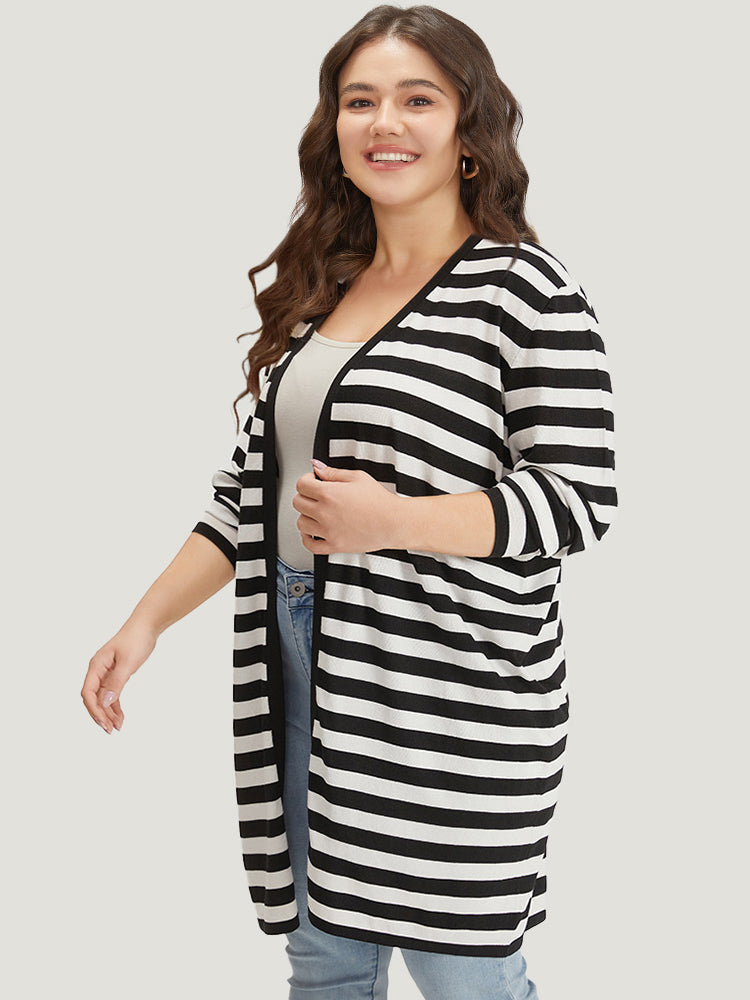 Striped Open Front Drop Shoulder Tunic Cardigan