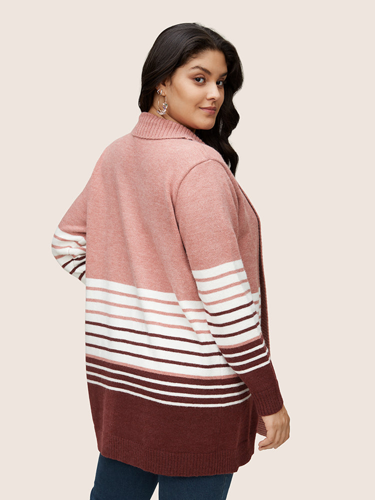 Striped Colorblock Contrast Lapel Collar Cardigan