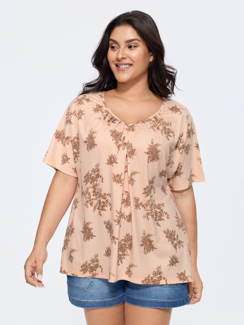 Pleated Plain Half-Sleeve Knit Top