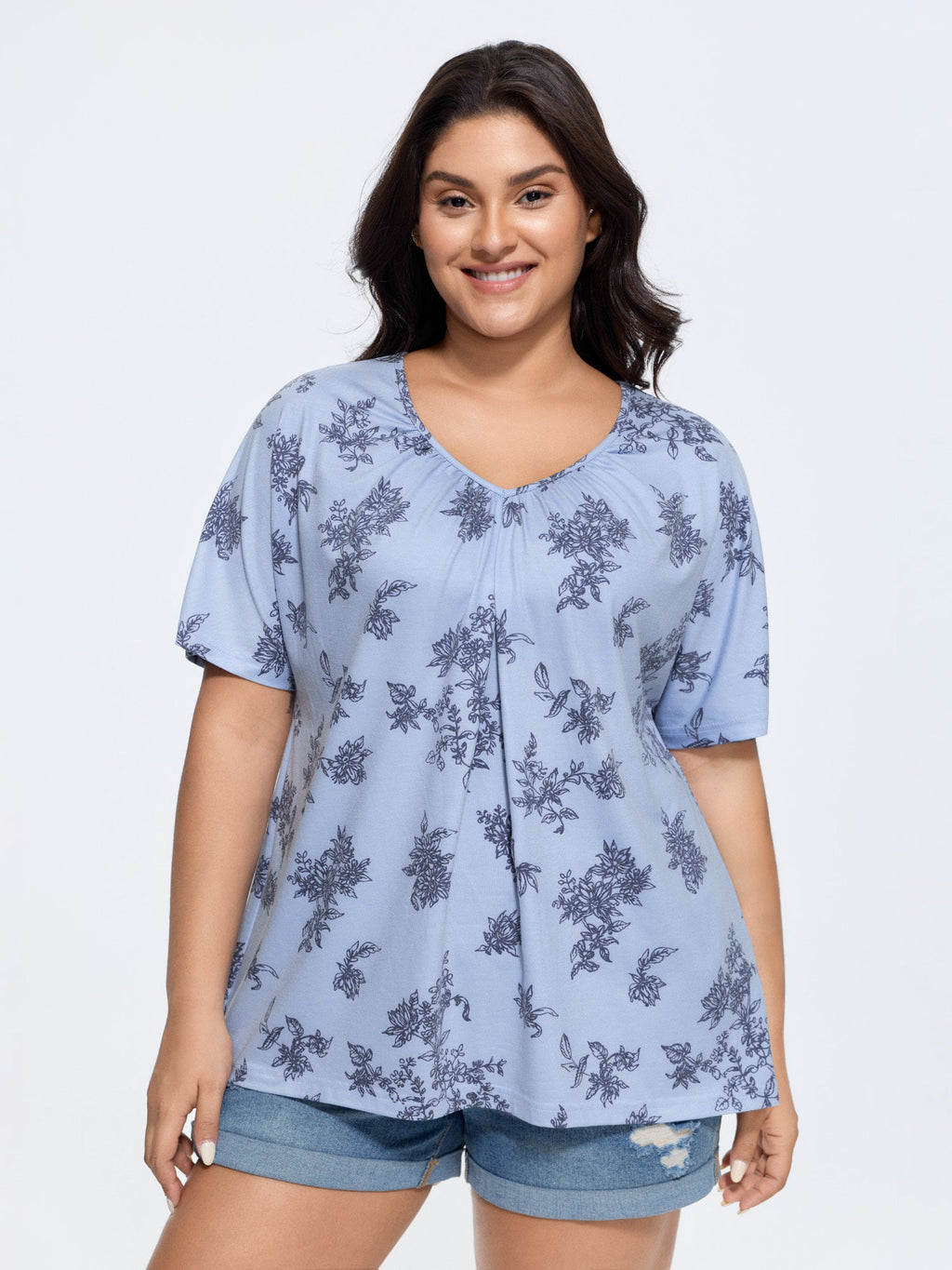 Pleated Plain Half-Sleeve Knit Top