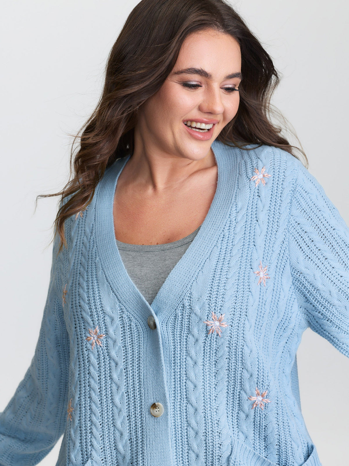 Braided Texture Floral Embroidery Knit Cardigan