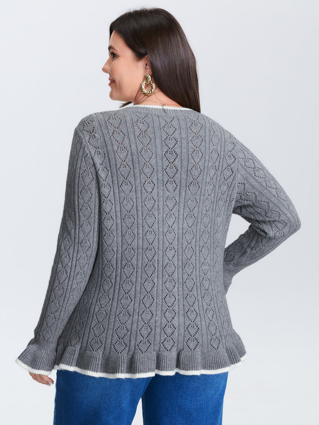 Textured Color Contrast Ruffled Hem Knit Cardigan