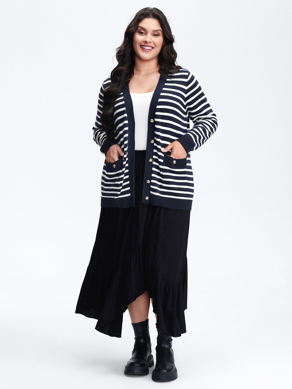 Wool-Blend Stripe Button Pockets Knit Cardigan