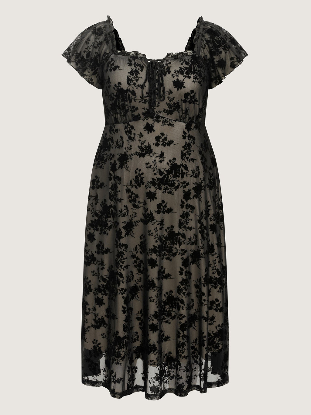 Floral Mesh Cut Stretchy Midi Dress