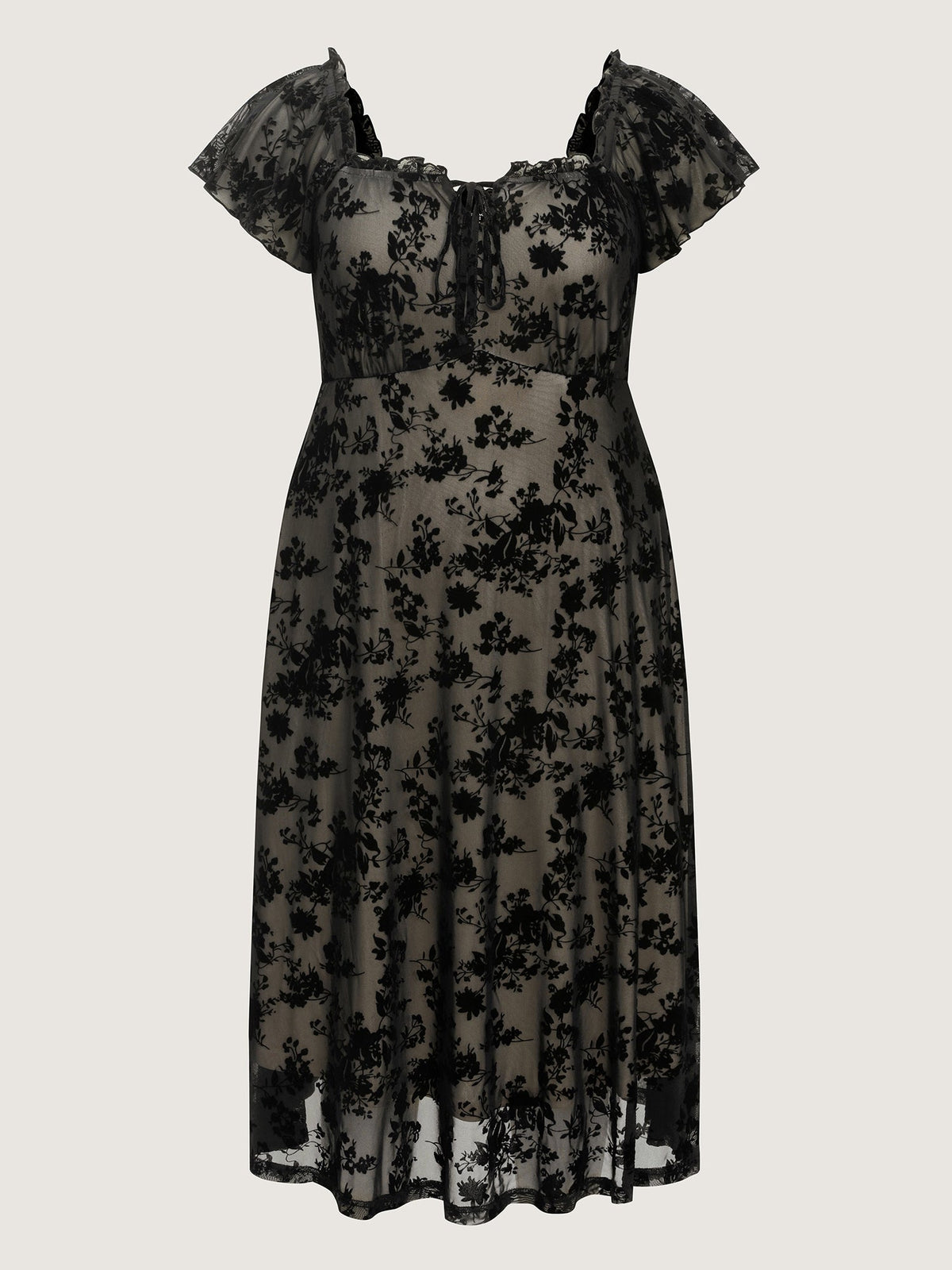Floral Mesh Cut Stretchy Midi Dress